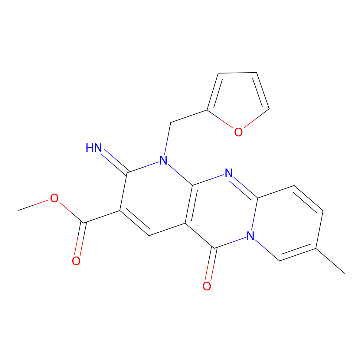 Methyl 1-(2-furylmethyl)-2-imino-8-methyl-5-oxo-1,5-dihydro-2H-dipyrido(1,2-A:2,3-D)pyrimidine-3-carboxylate molecular structure, CAS 510760-63-1