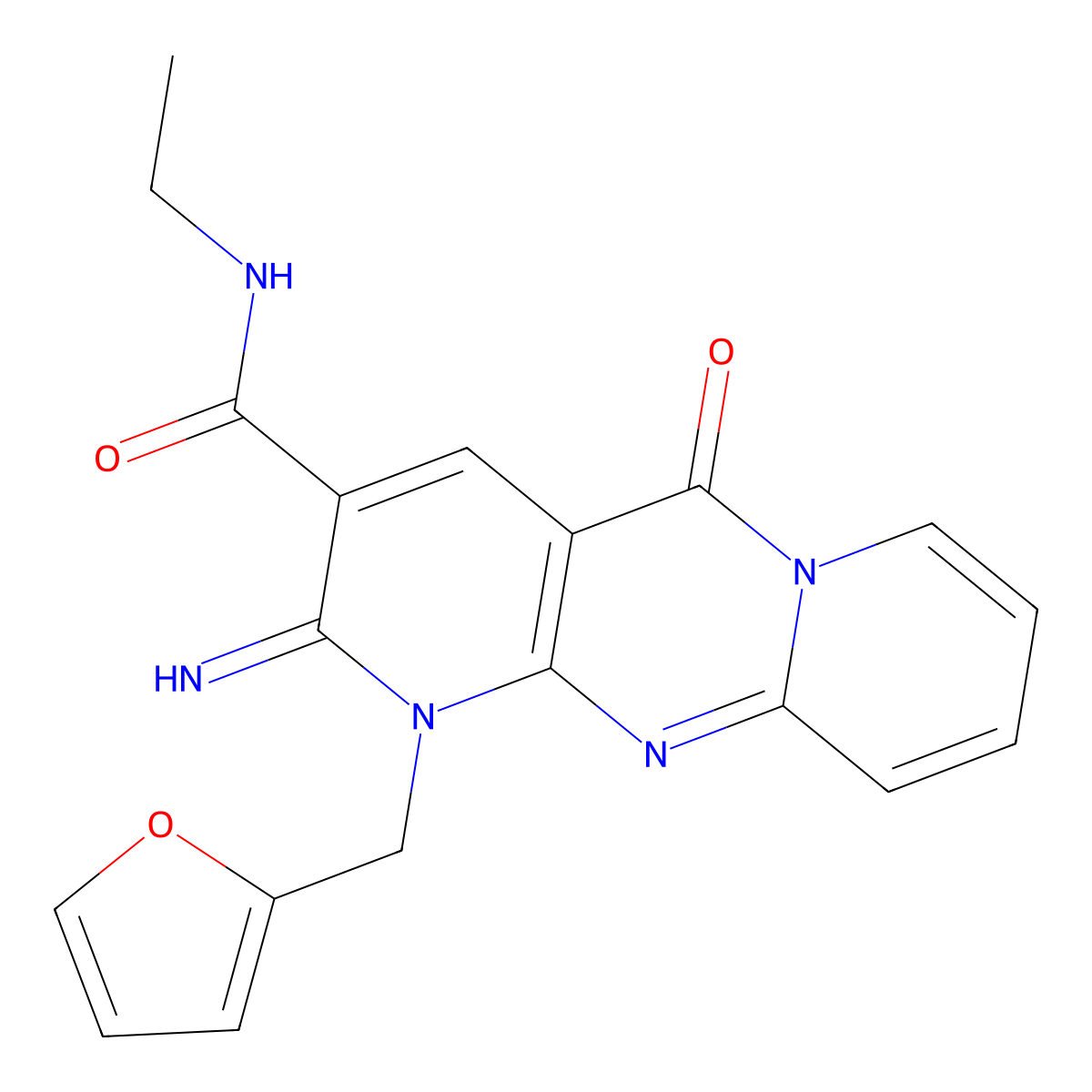 N-ethyl-7-[(furan-2-yl)methyl]-6-imino-2-oxo-1,7,9-triazatricyclo[8.4.0.0^{3,8}]tetradeca-3(8),4,9,11,13-pentaene-5-carboxamide molecular structure, CAS 510760-67-5