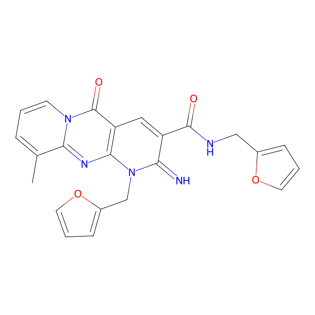 N,1-Bis(2-furylmethyl)-2-imino-10-methyl-5-oxo-1,5-dihydro-2H-dipyrido[1,2-A:2,3-D]pyrimidine-3-carboxamide molecular structure, CAS 510760-73-3