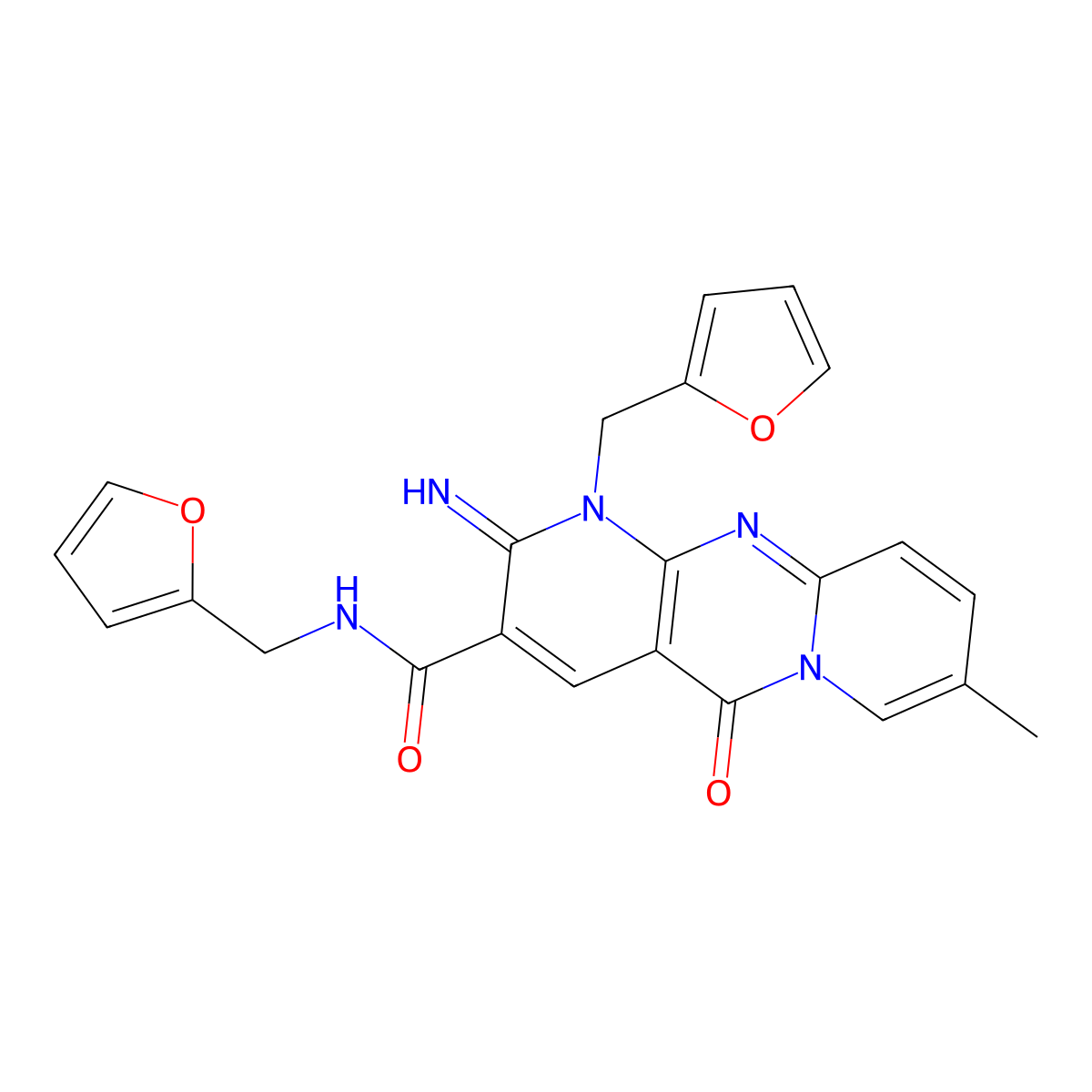 N,1-Bis(2-furylmethyl)-2-imino-8-methyl-5-oxo-1,5-dihydro-2H-dipyrido[1,2-A:2,3-D]pyrimidine-3-carboxamide molecular structure, CAS 510760-74-4