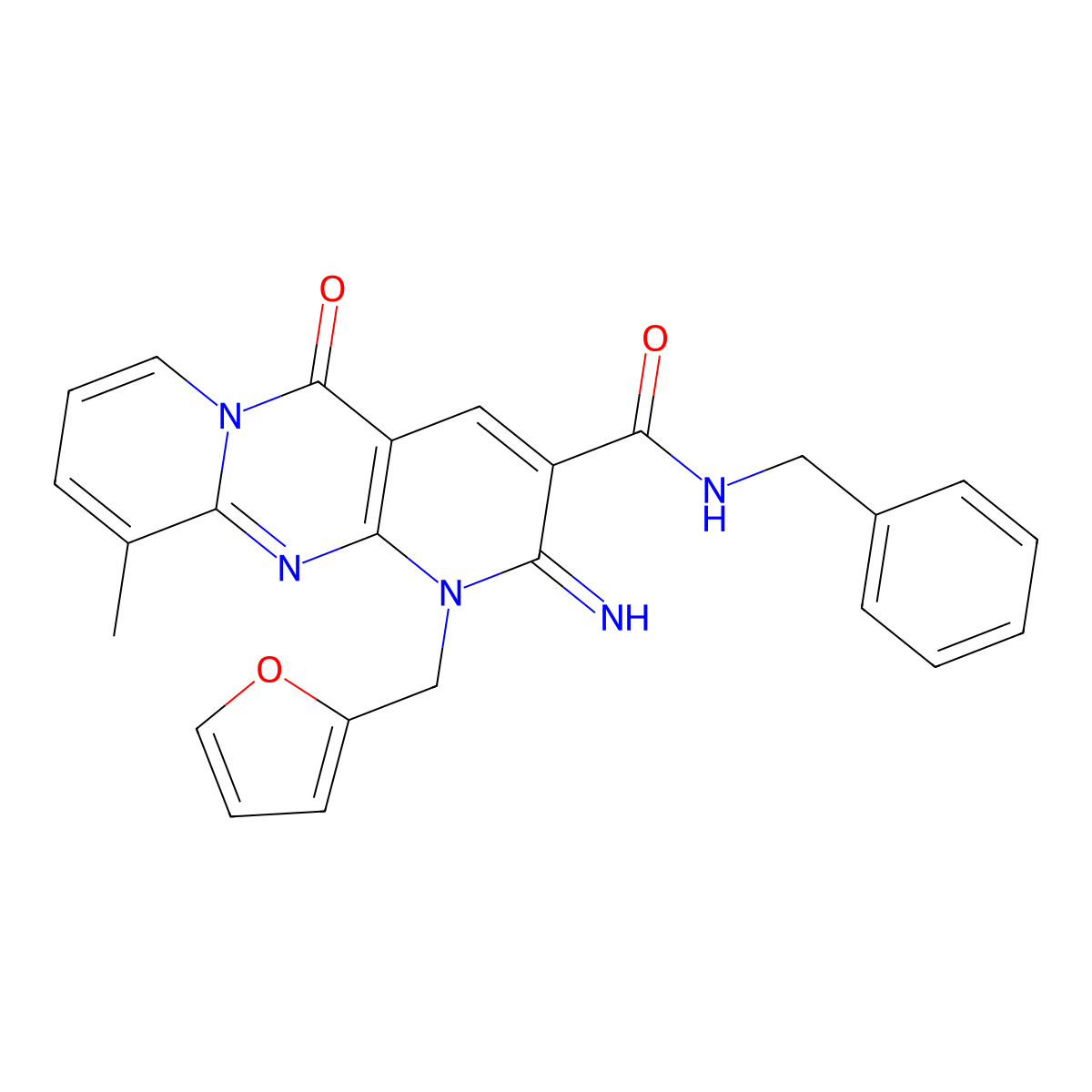 N-benzyl-7-[(furan-2-yl)methyl]-6-imino-11-methyl-2-oxo-1,7,9-triazatricyclo[8.4.0.0^{3,8}]tetradeca-3(8),4,9,11,13-pentaene-5-carboxamide molecular structure, CAS 510760-76-6
