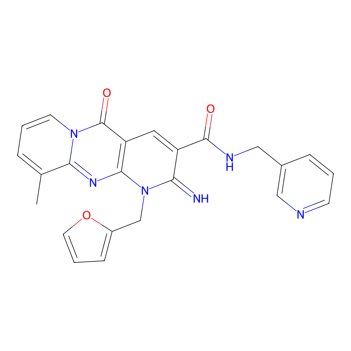 1-(2-Furylmethyl)-2-imino-10-methyl-5-oxo-N-(3-pyridinylmethyl)-1,5-dihydro-2H-dipyrido[1,2-A:2,3-D]pyrimidine-3-carboxamide molecular structure, CAS 510760-79-9