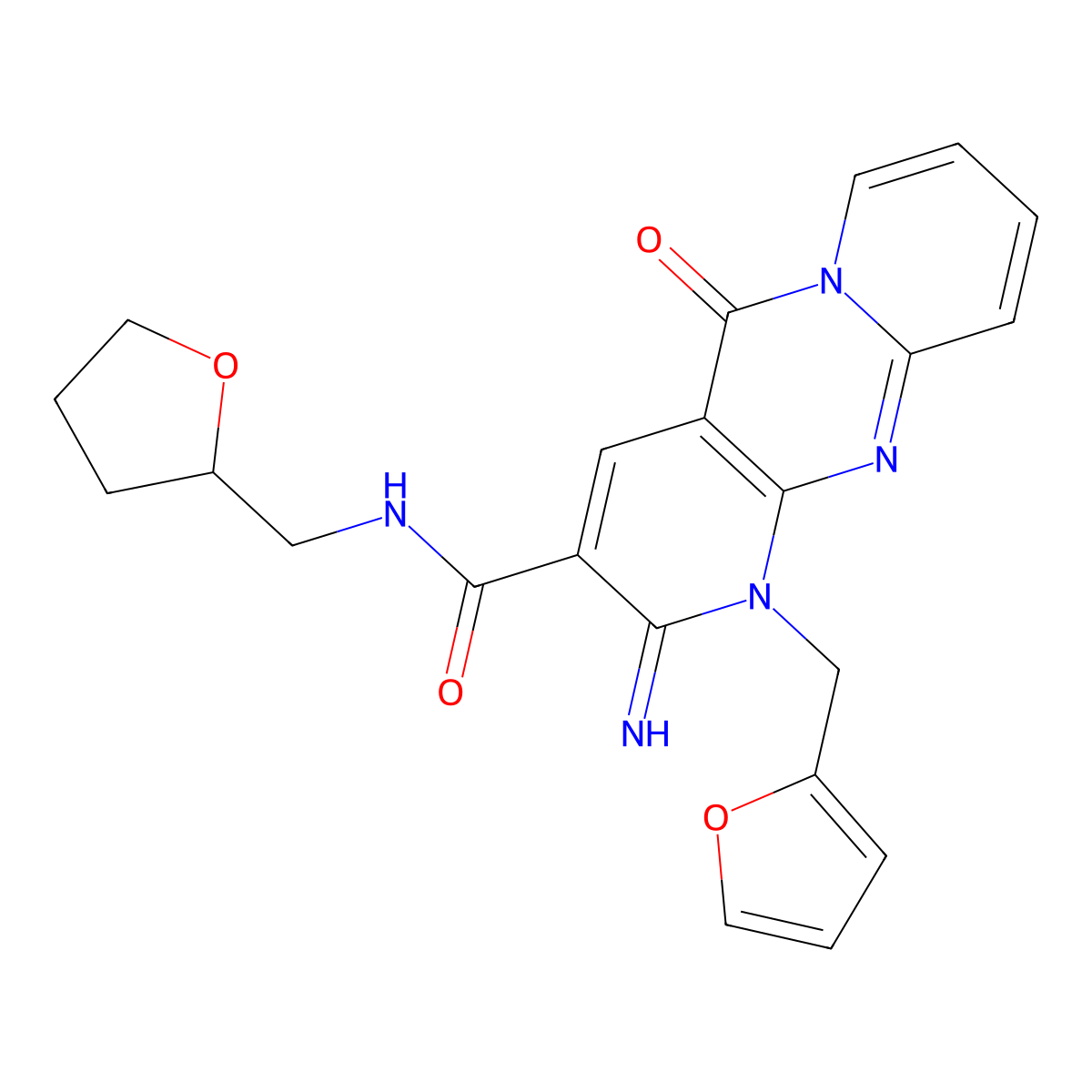 7-[(furan-2-yl)methyl]-6-imino-2-oxo-N-[(oxolan-2-yl)methyl]-1,7,9-triazatricyclo[8.4.0.0^{3,8}]tetradeca-3(8),4,9,11,13-pentaene-5-carboxamide molecular structure, CAS 510760-80-2
