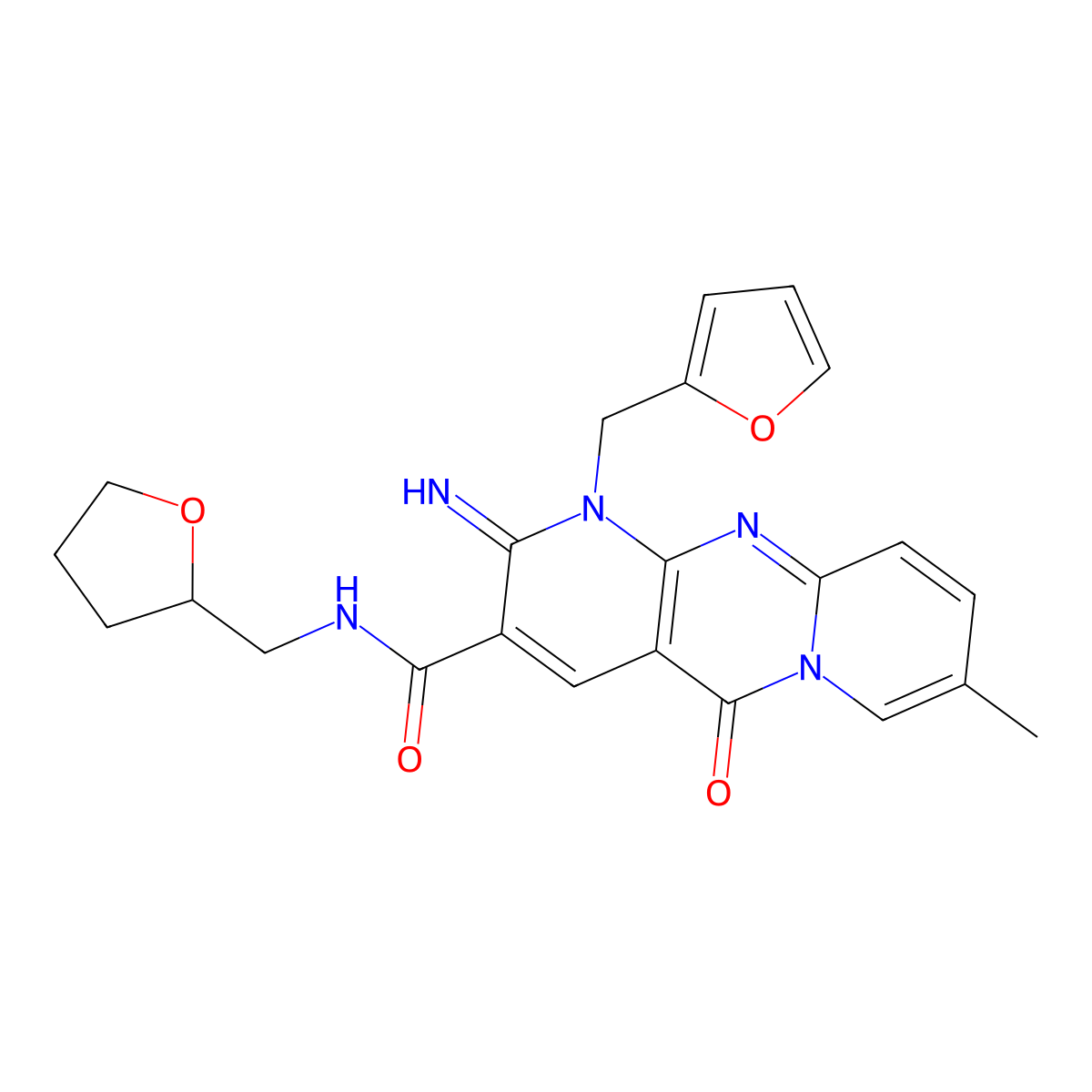 1-(2-Furylmethyl)-2-imino-8-methyl-5-oxo-N-(tetrahydro-2-furanylmethyl)-1,5-dihydro-2H-dipyrido(1,2-A:2,3-D)pyrimidine-3-carboxamide molecular structure, CAS 510760-81-3