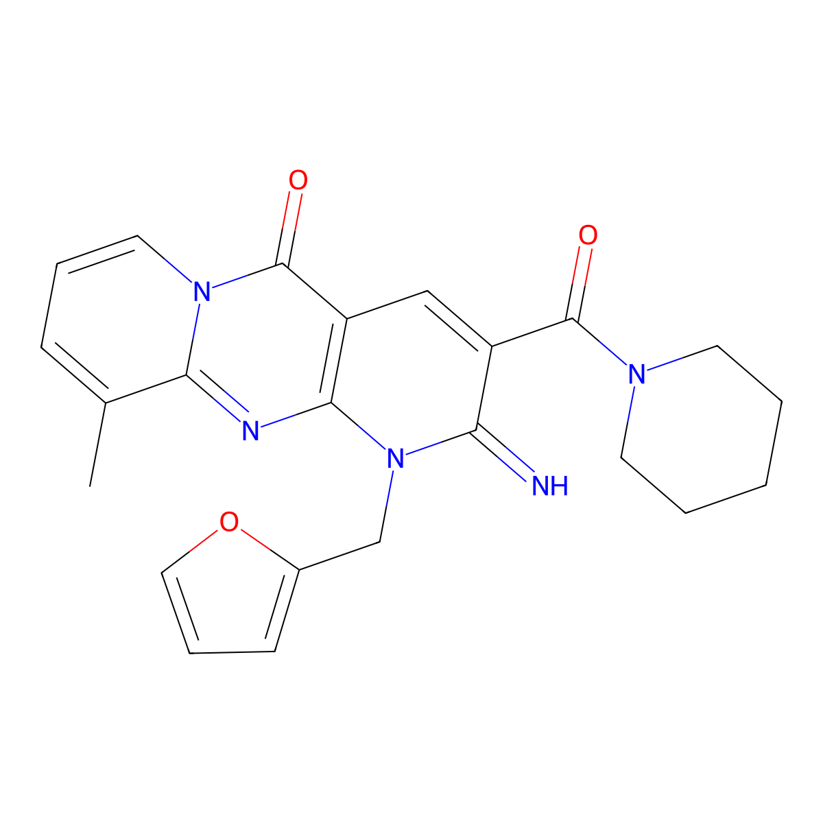 7-[(Furan-2-yl)methyl]-6-imino-11-methyl-5-(piperidine-1-carbonyl)-1,7,9-triazatricyclo[8.4.0.0^{3,8}]tetradeca-3(8),4,9,11,13-pentaen-2-one molecular structure, CAS 510760-82-4