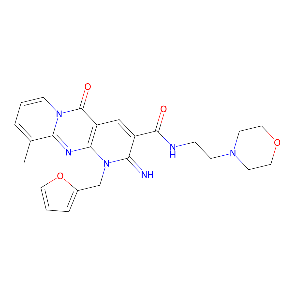 7-[(furan-2-yl)methyl]-6-imino-11-methyl-N-[2-(morpholin-4-yl)ethyl]-2-oxo-1,7,9-triazatricyclo[8.4.0.0^{3,8}]tetradeca-3(8),4,9,11,13-pentaene-5-carboxamide molecular structure, CAS 510760-83-5