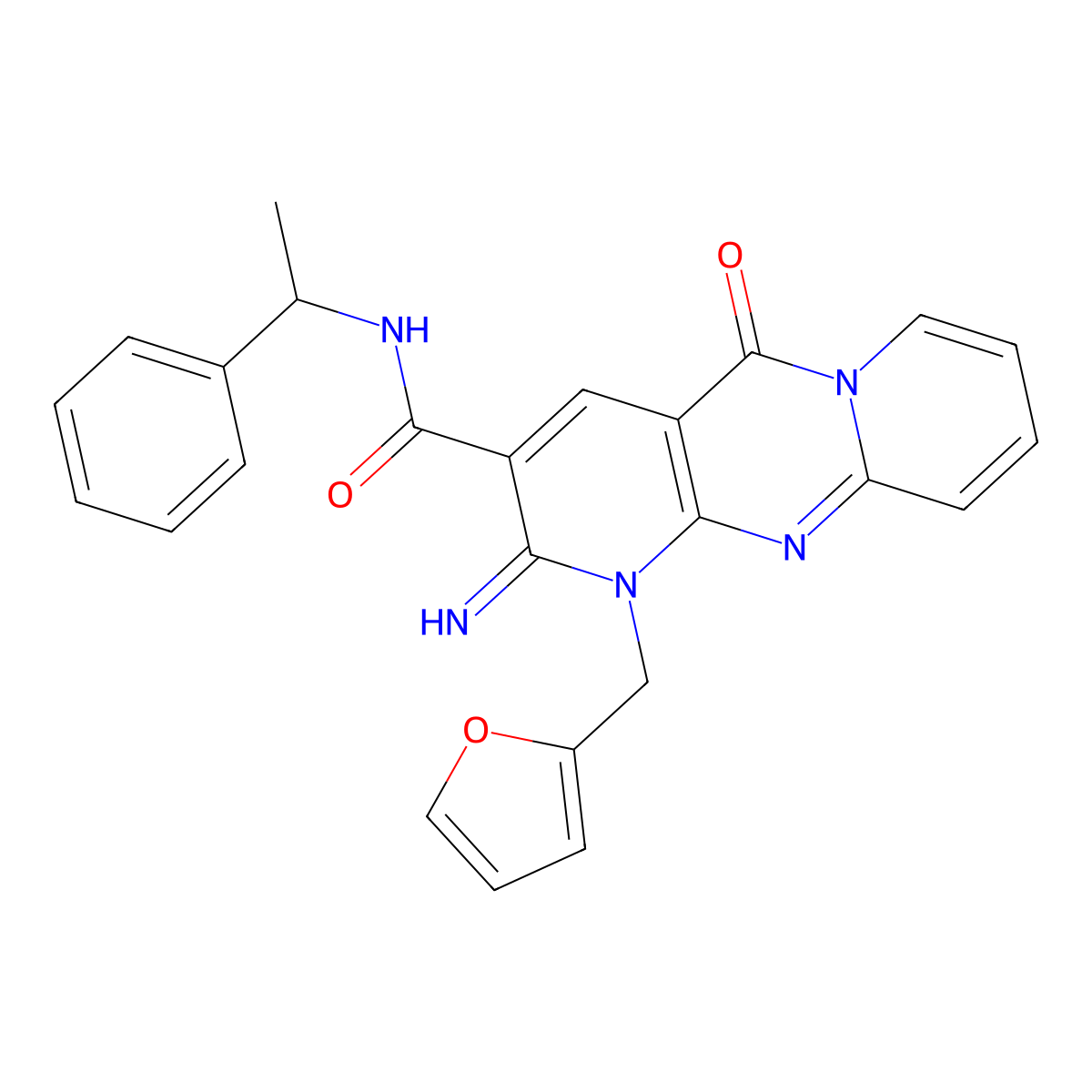 7-[(furan-2-yl)methyl]-6-imino-2-oxo-N-(1-phenylethyl)-1,7,9-triazatricyclo[8.4.0.0^{3,8}]tetradeca-3(8),4,9,11,13-pentaene-5-carboxamide molecular structure, CAS 510760-84-6