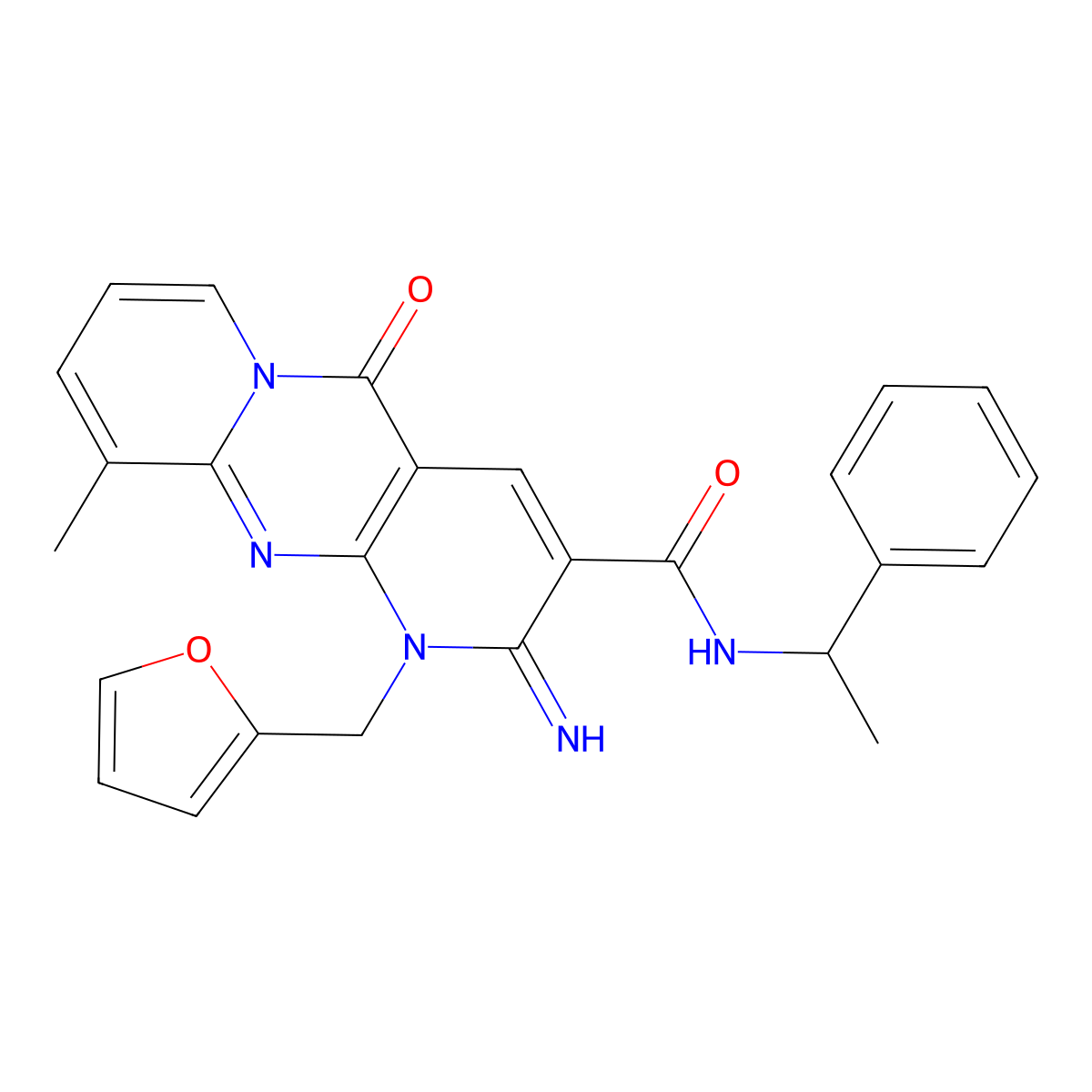 7-[(furan-2-yl)methyl]-6-imino-11-methyl-2-oxo-N-(1-phenylethyl)-1,7,9-triazatricyclo[8.4.0.0^{3,8}]tetradeca-3(8),4,9,11,13-pentaene-5-carboxamide molecular structure, CAS 510760-85-7