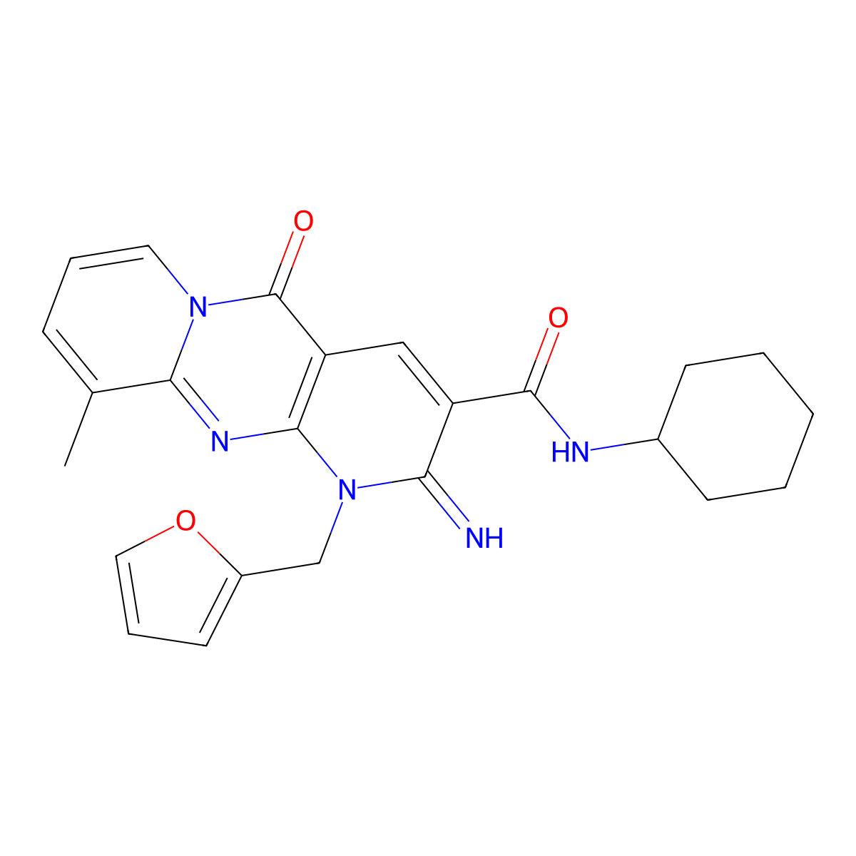 N-Cyclohexyl-1-(2-furylmethyl)-2-imino-10-methyl-5-oxo-1,5-dihydro-2H-dipyrido[1,2-A:2,3-D]pyrimidine-3-carboxamide molecular structure, CAS 510760-89-1