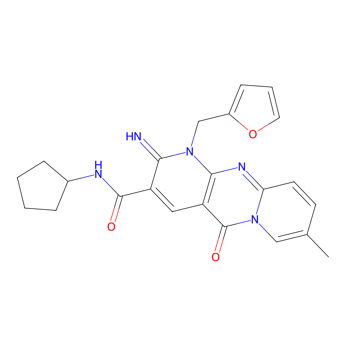 N-Cyclopentyl-1-(2-furylmethyl)-2-imino-8-methyl-5-oxo-1,5-dihydro-2H-dipyrido(1,2-A:2,3-D)pyrimidine-3-carboxamide molecular structure, CAS 510760-91-5