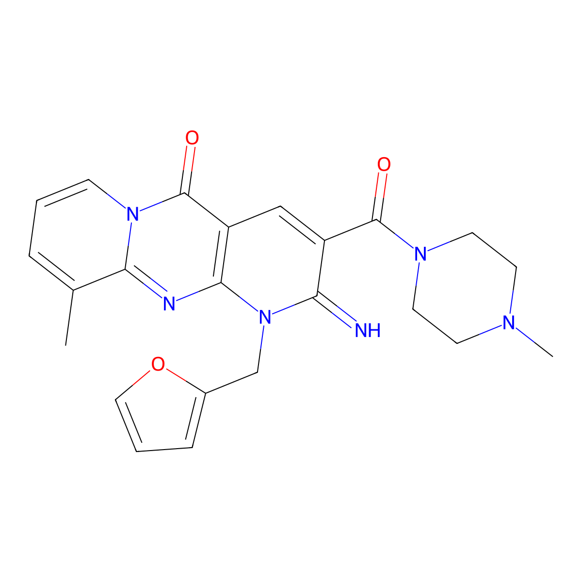 1-(2-Furylmethyl)-2-imino-10-methyl-3-[(4-methyl-1-piperazinyl)carbonyl]-1,2-dihydro-5H-dipyrido[1,2-A:2,3-D]pyrimidin-5-one molecular structure, CAS 510760-93-7