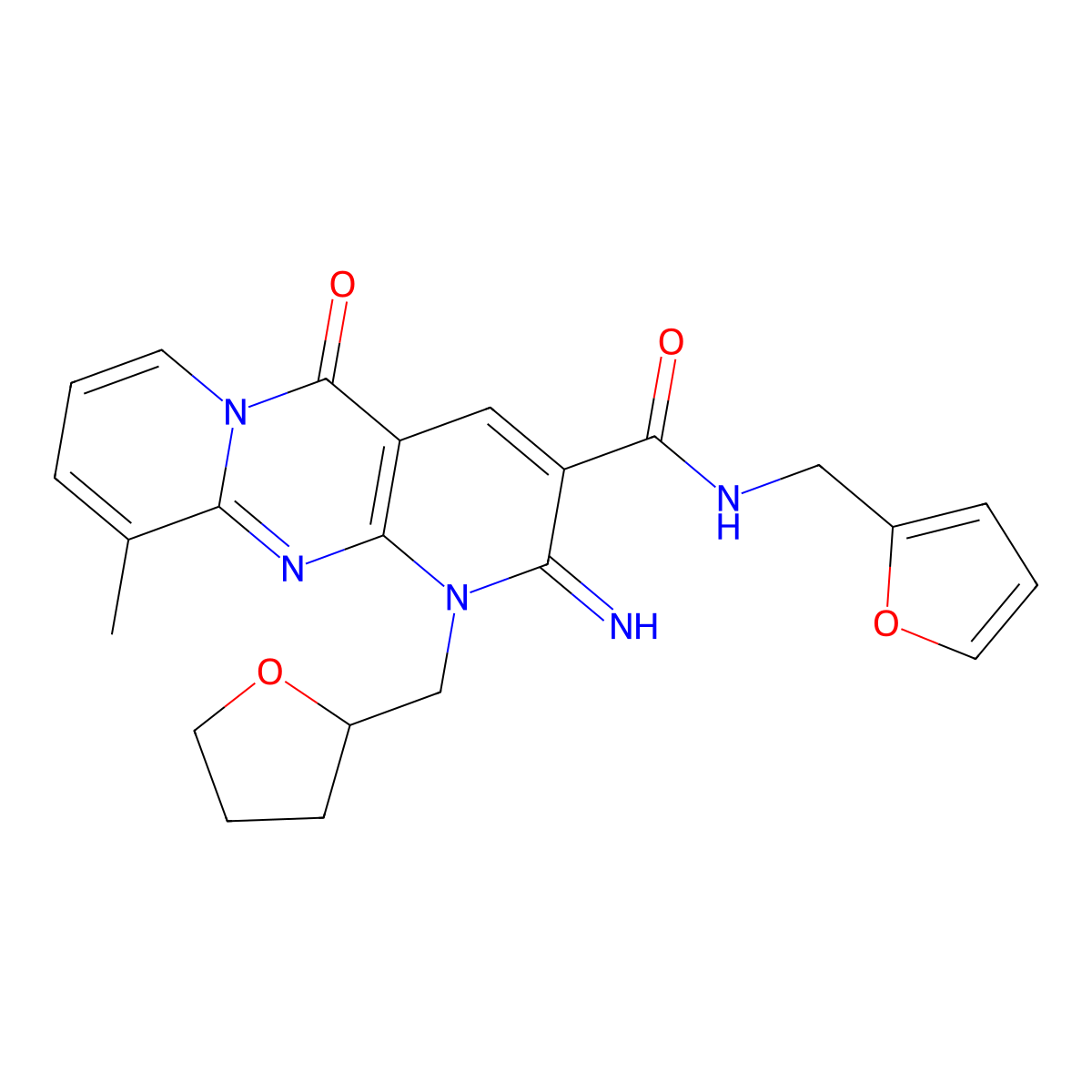 N-(Furan-2-ylmethyl)-6-imino-11-methyl-2-oxo-7-(oxolan-2-ylmethyl)-1,7,9-triazatricyclo[8.4.0.03,8]tetradeca-3(8),4,9,11,13-pentaene-5-carboxamide molecular structure, CAS 510761-07-6