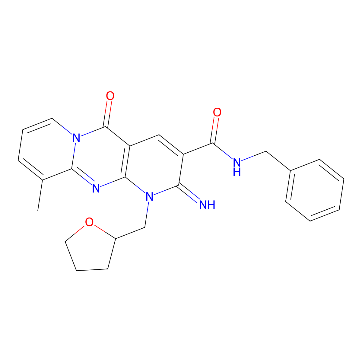 [2-imino-10-methyl-5-oxo-1-(oxolan-2-ylmethyl)(1,6-dihydropyridino[2,3-d]pyrid ino[1,2-a]pyrimidin-3-yl)]-N-benzylcarboxamide molecular structure, CAS 510761-09-8