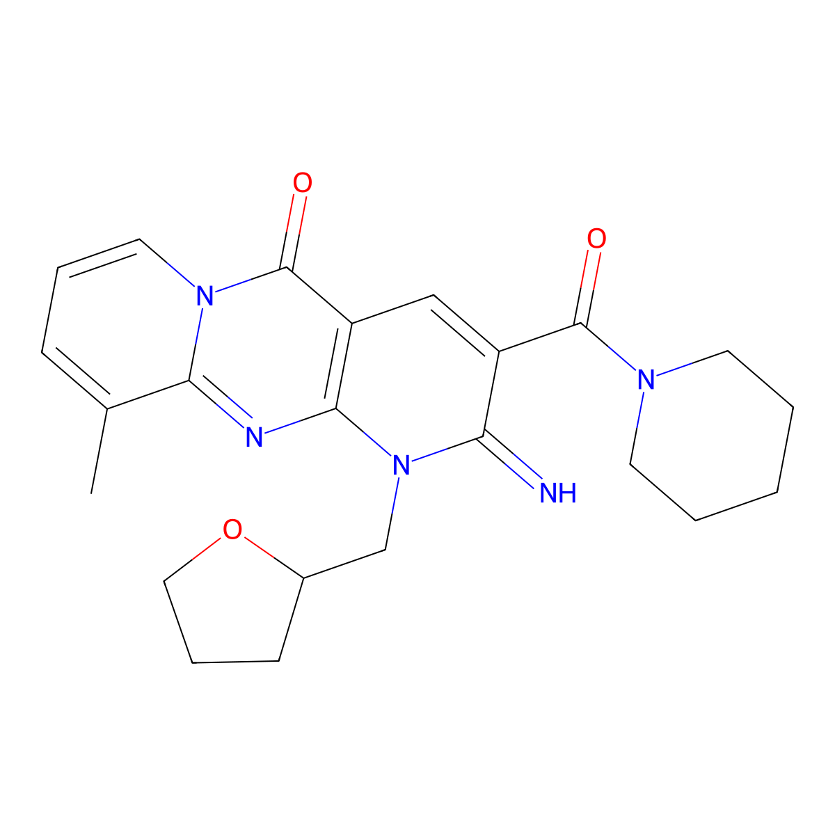 2-Imino-10-methyl-3-(1-piperidinylcarbonyl)-1-(tetrahydro-2-furanylmethyl)-1,2-dihydro-5H-dipyrido(1,2-A:2,3-D)pyrimidin-5-one molecular structure, CAS 510761-12-3
