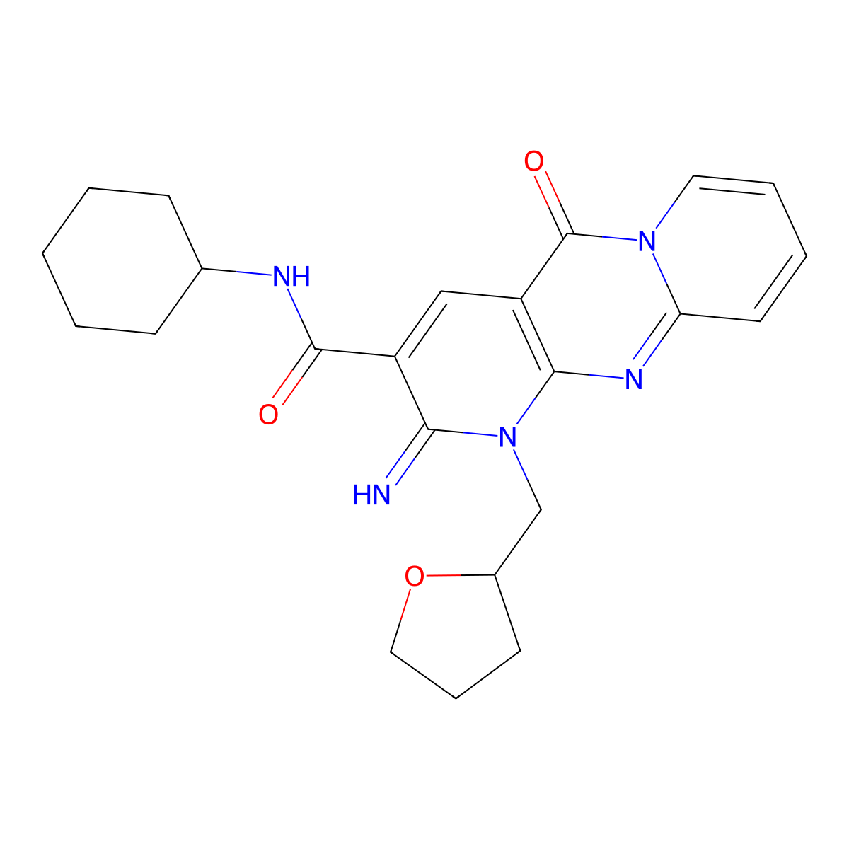 N-Cyclohexyl-2-imino-5-oxo-1-(tetrahydro-2-furanylmethyl)-1,5-dihydro-2H-dipyrido(1,2-A:2,3-D)pyrimidine-3-carboxamide molecular structure, CAS 510761-14-5