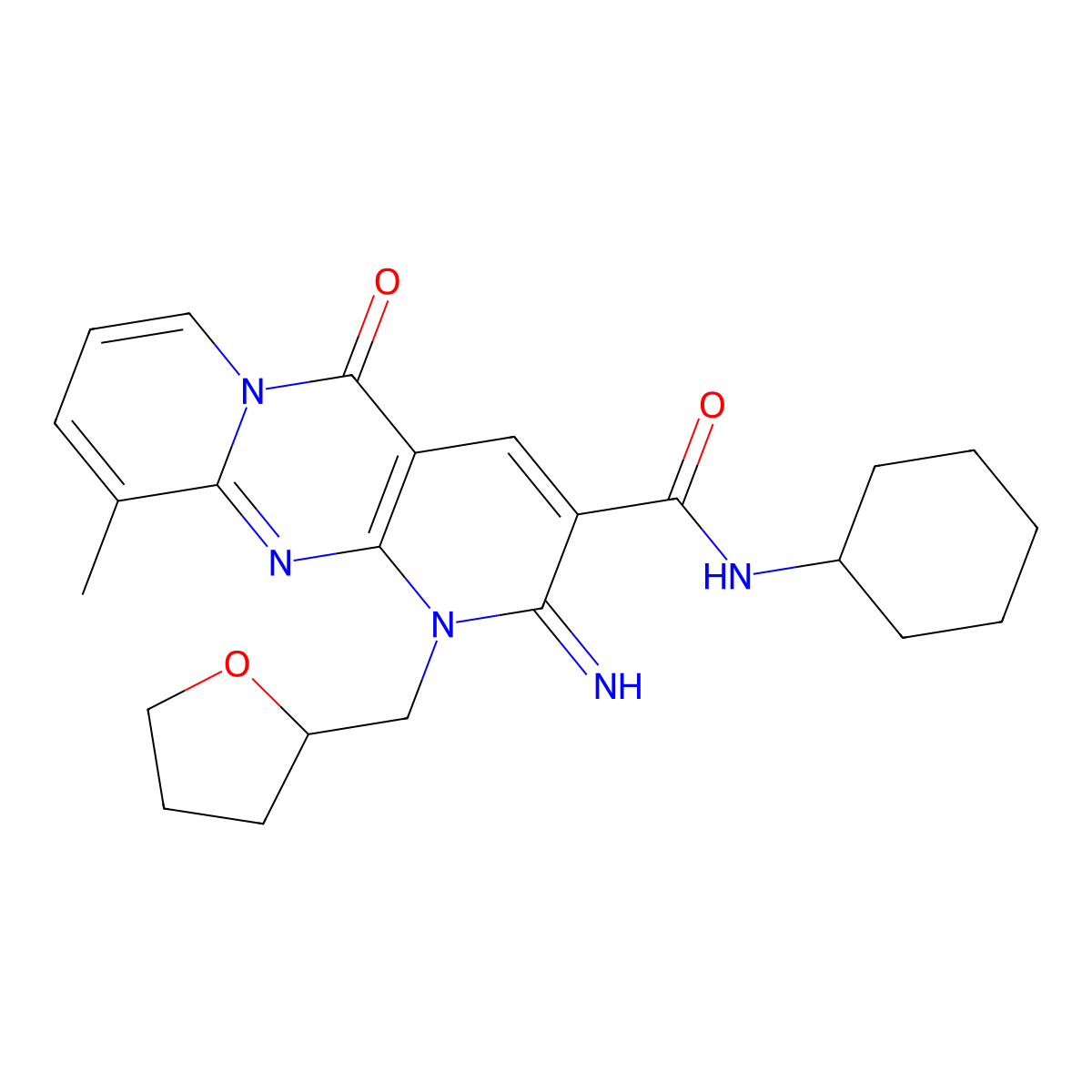 N-Cyclohexyl-2-imino-10-methyl-5-oxo-1-(tetrahydro-2-furanylmethyl)-1,5-dihydro-2H-dipyrido[1,2-A:2,3-D]pyrimidine-3-carboxamide molecular structure, CAS 510761-16-7