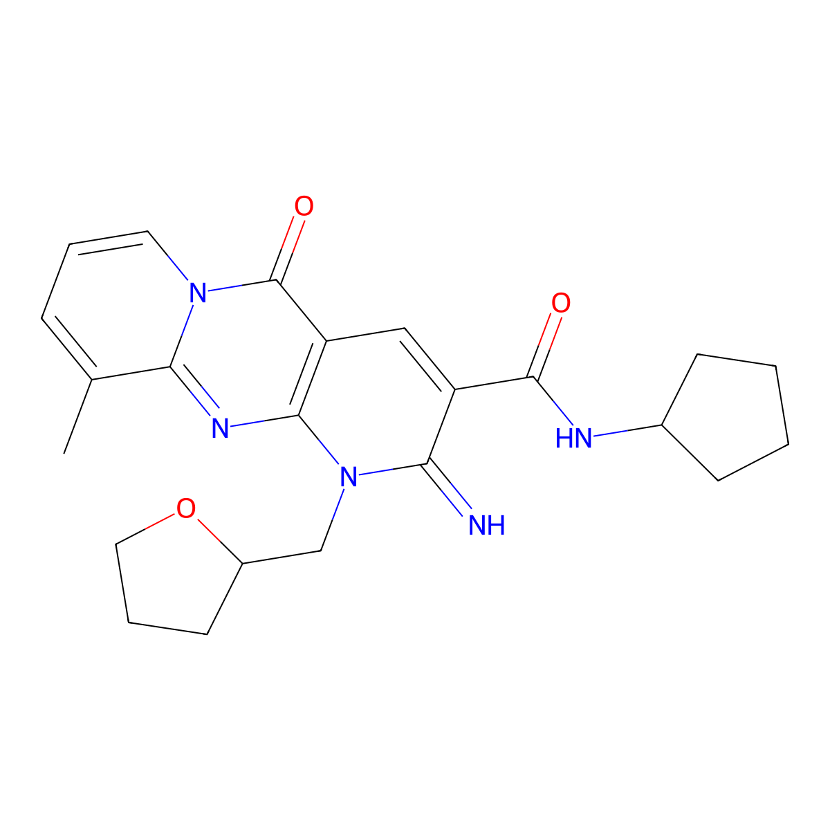 2-Imino-8-methyl-10-oxo-1-(tetrahydro-furan-2-ylmethyl)-1,10-dihydro-2H-1,9,10a-triaza-anthracene-3-carboxylic acid cyclopentylamide molecular structure, CAS 510761-18-9