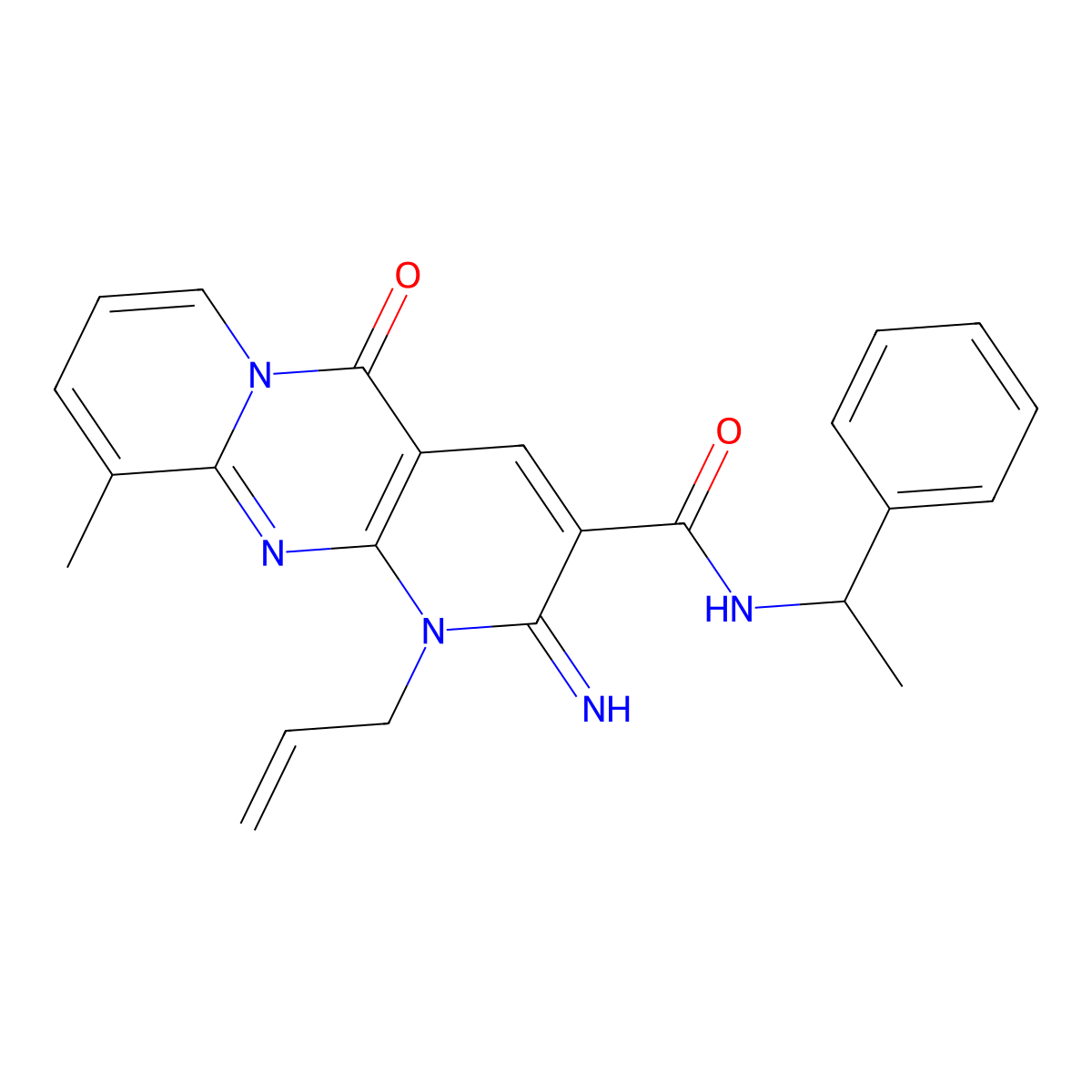 1-Allyl-2-imino-10-methyl-5-oxo-N-(1-phenylethyl)-1,5-dihydro-2H-dipyrido(1,2-A:2,3-D)pyrimidine-3-carboxamide molecular structure, CAS 510761-36-1