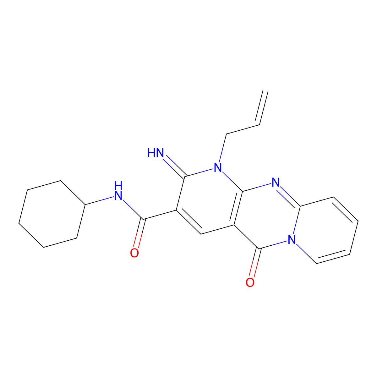 1-Allyl-N-cyclohexyl-2-imino-5-oxo-1,5-dihydro-2H-dipyrido(1,2-A:2,3-D)pyrimidine-3-carboxamide molecular structure, CAS 510761-38-3