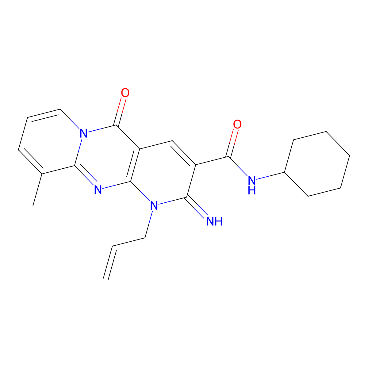 1-Allyl-N-cyclohexyl-2-imino-10-methyl-5-oxo-1,5-dihydro-2H-dipyrido[1,2-A:2,3-D]pyrimidine-3-carboxamide molecular structure, CAS 510761-39-4