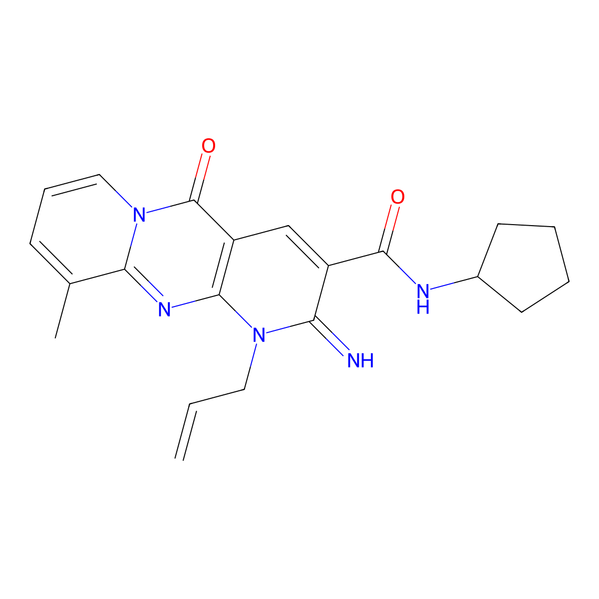 1-Allyl-N-cyclopentyl-2-imino-10-methyl-5-oxo-1,5-dihydro-2H-dipyrido(1,2-A:2,3-D)pyrimidine-3-carboxamide molecular structure, CAS 510761-42-9