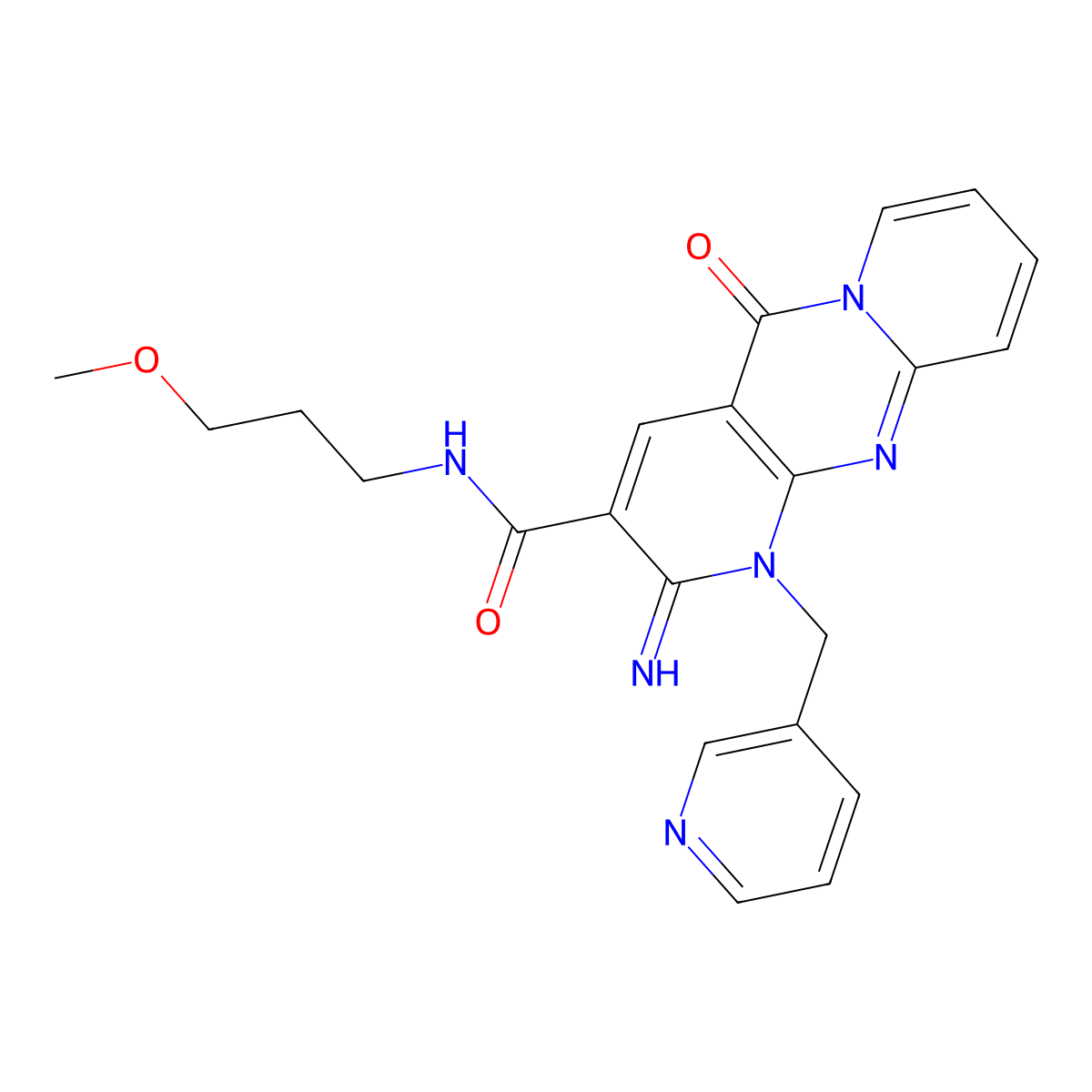 2-Imino-N-(3-methoxypropyl)-5-oxo-1-(3-pyridinylmethyl)-1,5-dihydro-2H-dipyrido[1,2-A:2,3-D]pyrimidine-3-carboxamide molecular structure, CAS 510761-50-9