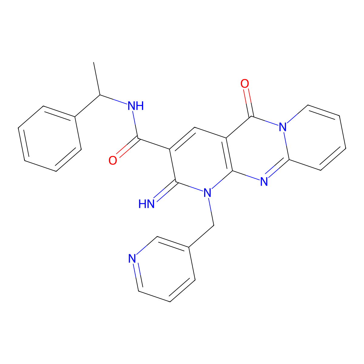 2-Imino-5-oxo-N-(1-phenylethyl)-1-(3-pyridinylmethyl)-1,5-dihydro-2H-dipyrido(1,2-A:2,3-D)pyrimidine-3-carboxamide molecular structure, CAS 510761-56-5