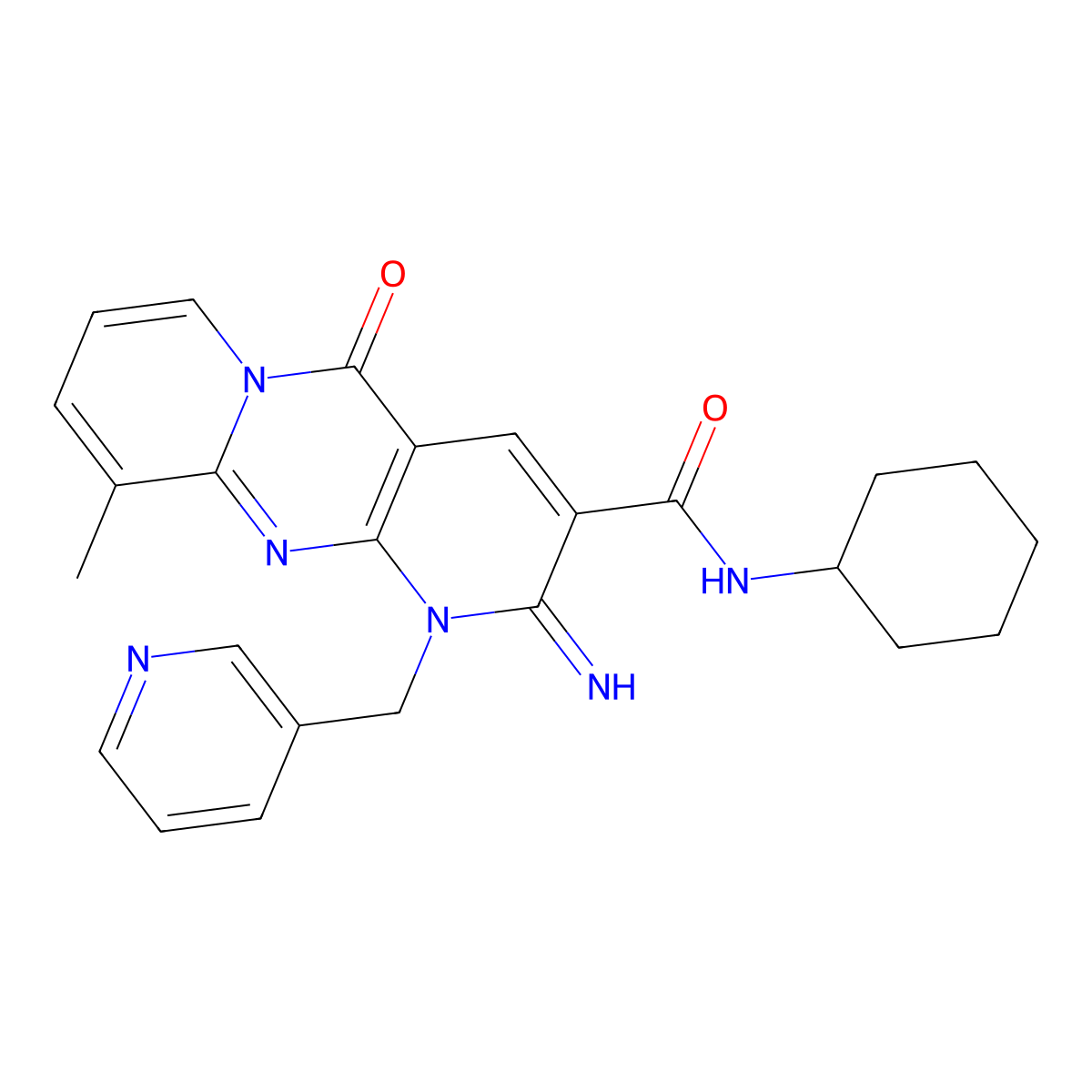 N-Cyclohexyl-2-imino-10-methyl-5-oxo-1-(3-pyridinylmethyl)-1,5-dihydro-2H-dipyrido(1,2-A:2,3-D)pyrimidine-3-carboxamide molecular structure, CAS 510761-58-7