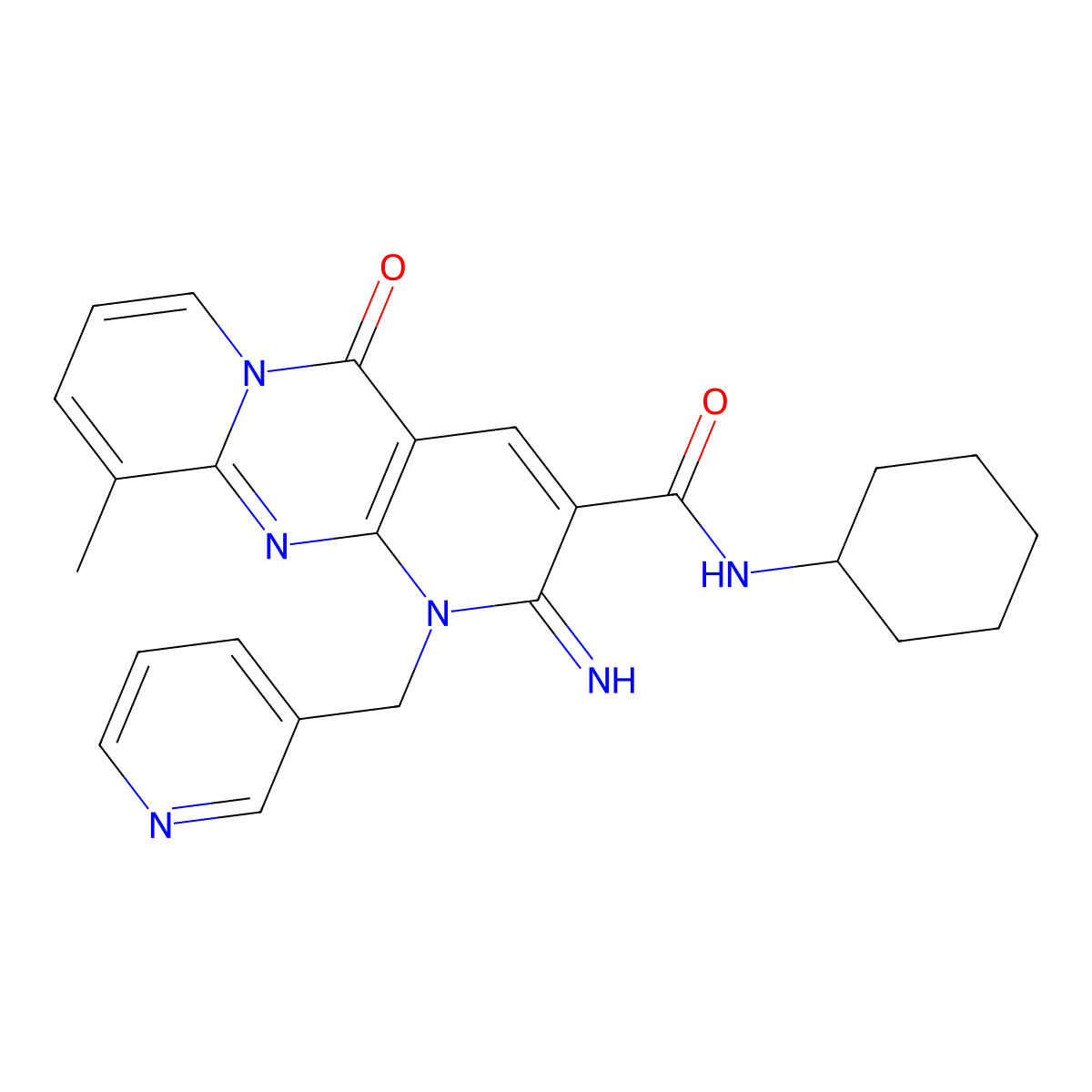 N-Cyclohexyl-2-imino-10-methyl-5-oxo-1-(3-pyridinylmethyl)-1,5-dihydro-2H-dipyrido(1,2-A:2,3-D)pyrimidine-3-carboxamide molecular structure, CAS 510761-58-7