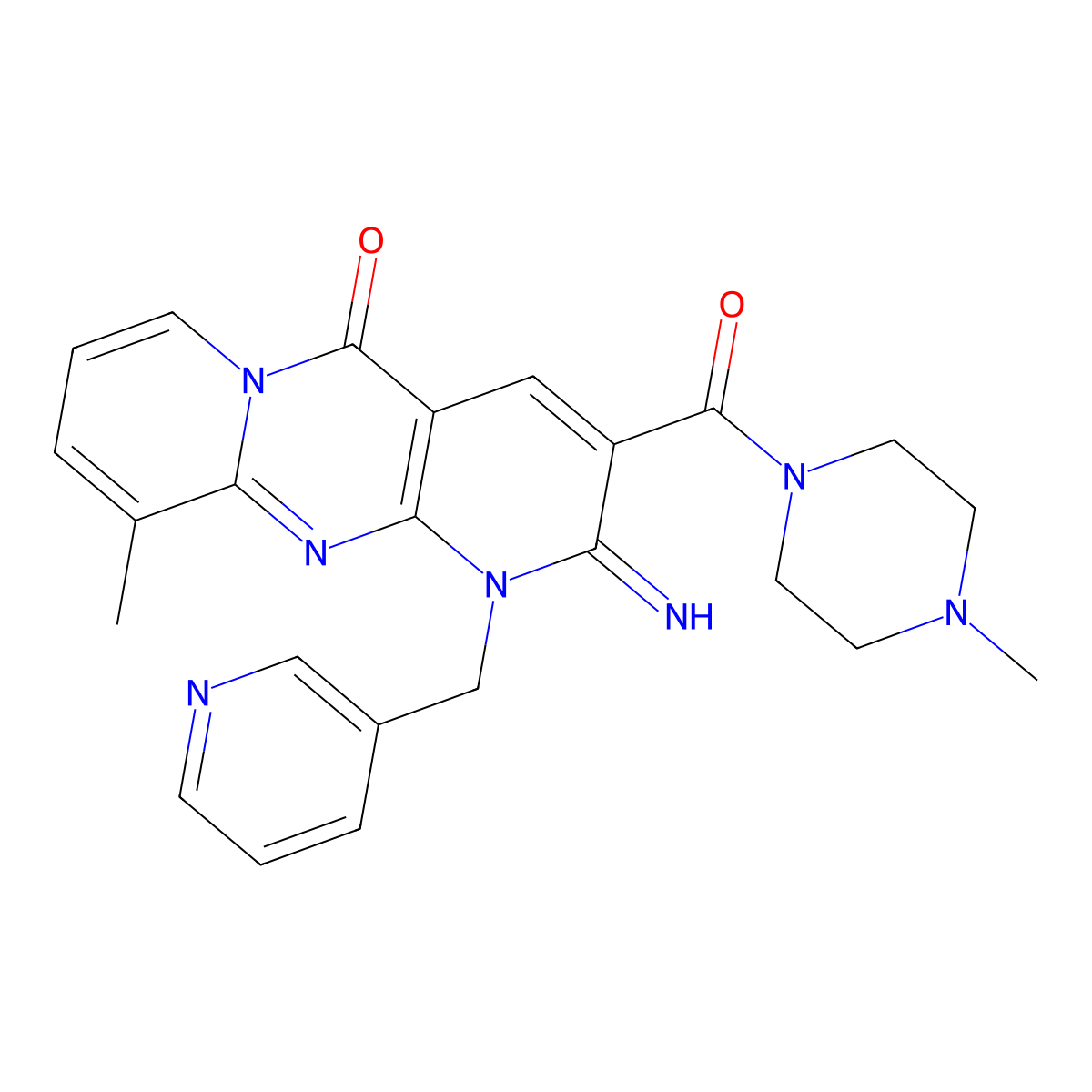 2-Imino-10-methyl-3-((4-methyl-1-piperazinyl)carbonyl)-1-(3-pyridinylmethyl)-1,2-dihydro-5H-dipyrido(1,2-A:2,3-D)pyrimidin-5-one molecular structure, CAS 510761-59-8