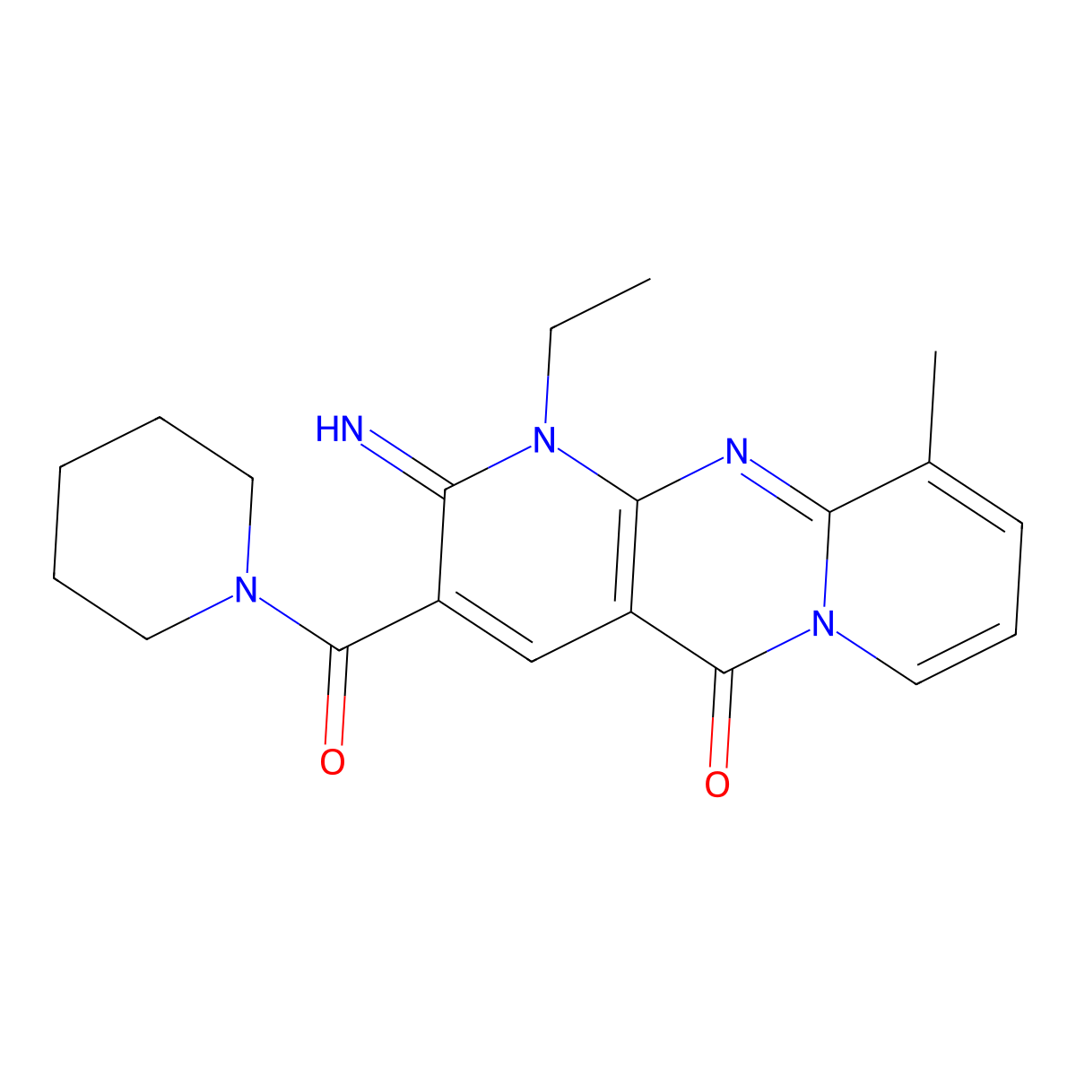 1-Ethyl-2-imino-10-methyl-3-(1-piperidinylcarbonyl)-1,2-dihydro-5H-dipyrido[1,2-A:2,3-D]pyrimidin-5-one molecular structure, CAS 510761-99-6