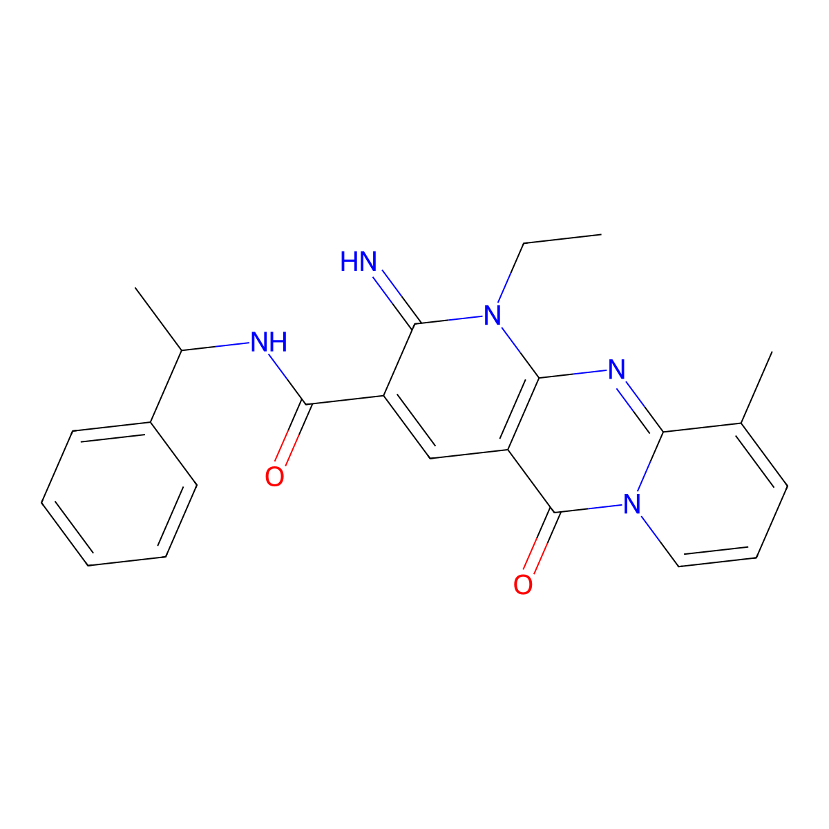7-ethyl-6-imino-11-methyl-2-oxo-N-(1-phenylethyl)-1,7,9-triazatricyclo[8.4.0.0^{3,8}]tetradeca-3(8),4,9,11,13-pentaene-5-carboxamide molecular structure, CAS 510762-02-4