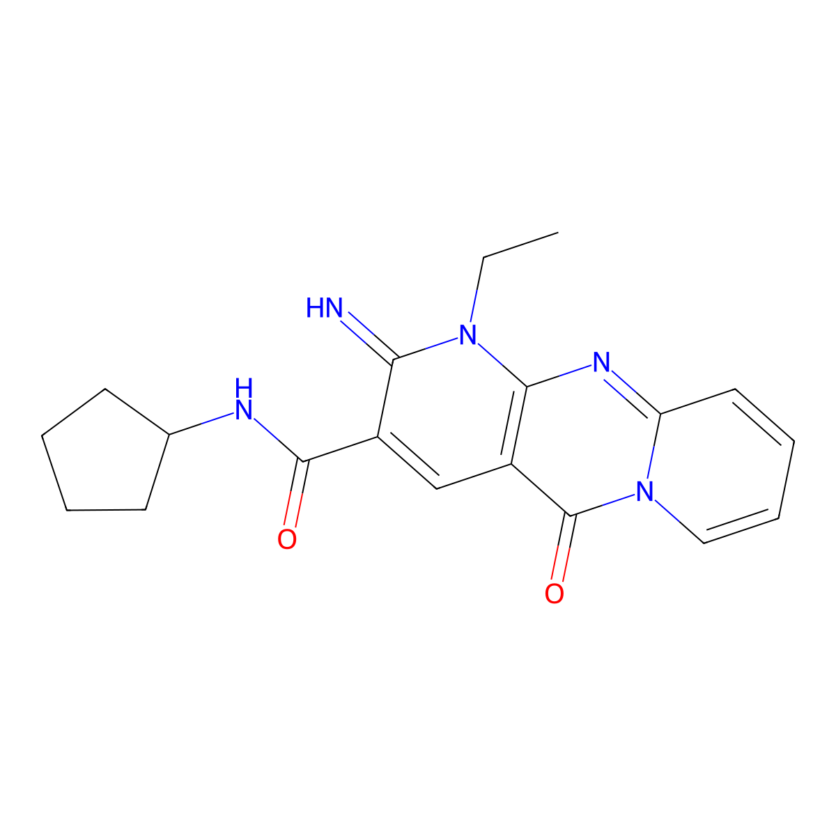 N-Cyclopentyl-1-ethyl-2-imino-5-oxo-1,5-dihydro-2H-dipyrido(1,2-A:2,3-D)pyrimidine-3-carboxamide molecular structure, CAS 510762-07-9