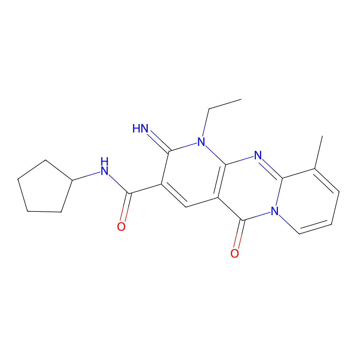 N-cyclopentyl-1-ethyl-2-imino-10-methyl-5-oxo-1,5-dihydro-2H-dipyrido[1,2-a:2,3-d]pyrimidine-3-carboxamide molecular structure, CAS 510762-09-1