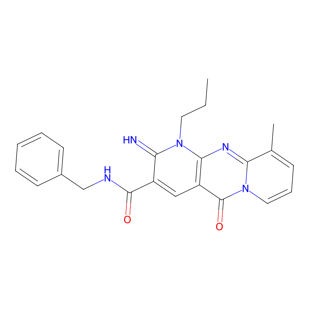 N-Benzyl-2-imino-10-methyl-5-oxo-1-propyl-1,5-dihydro-2H-dipyrido[1,2-A:2,3-D]pyrimidine-3-carboxamide molecular structure, CAS 510762-16-0