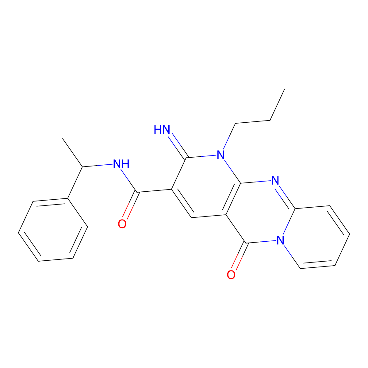 6-imino-2-oxo-N-(1-phenylethyl)-7-propyl-1,7,9-triazatricyclo[8.4.0.0^{3,8}]tetradeca-3(8),4,9,11,13-pentaene-5-carboxamide molecular structure, CAS 510762-20-6