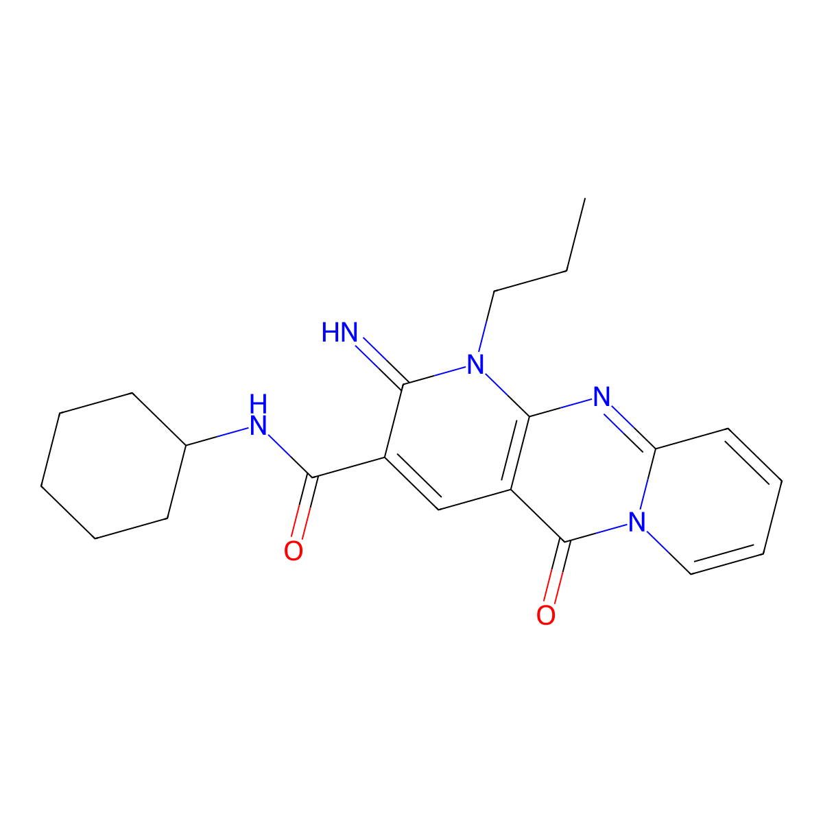 N-cyclohexyl-2-imino-5-oxo-1-propyl-1,5-dihydro-2H-dipyrido[1,2-a:2,3-d]pyrimidine-3-carboxamide molecular structure, CAS 510762-21-7