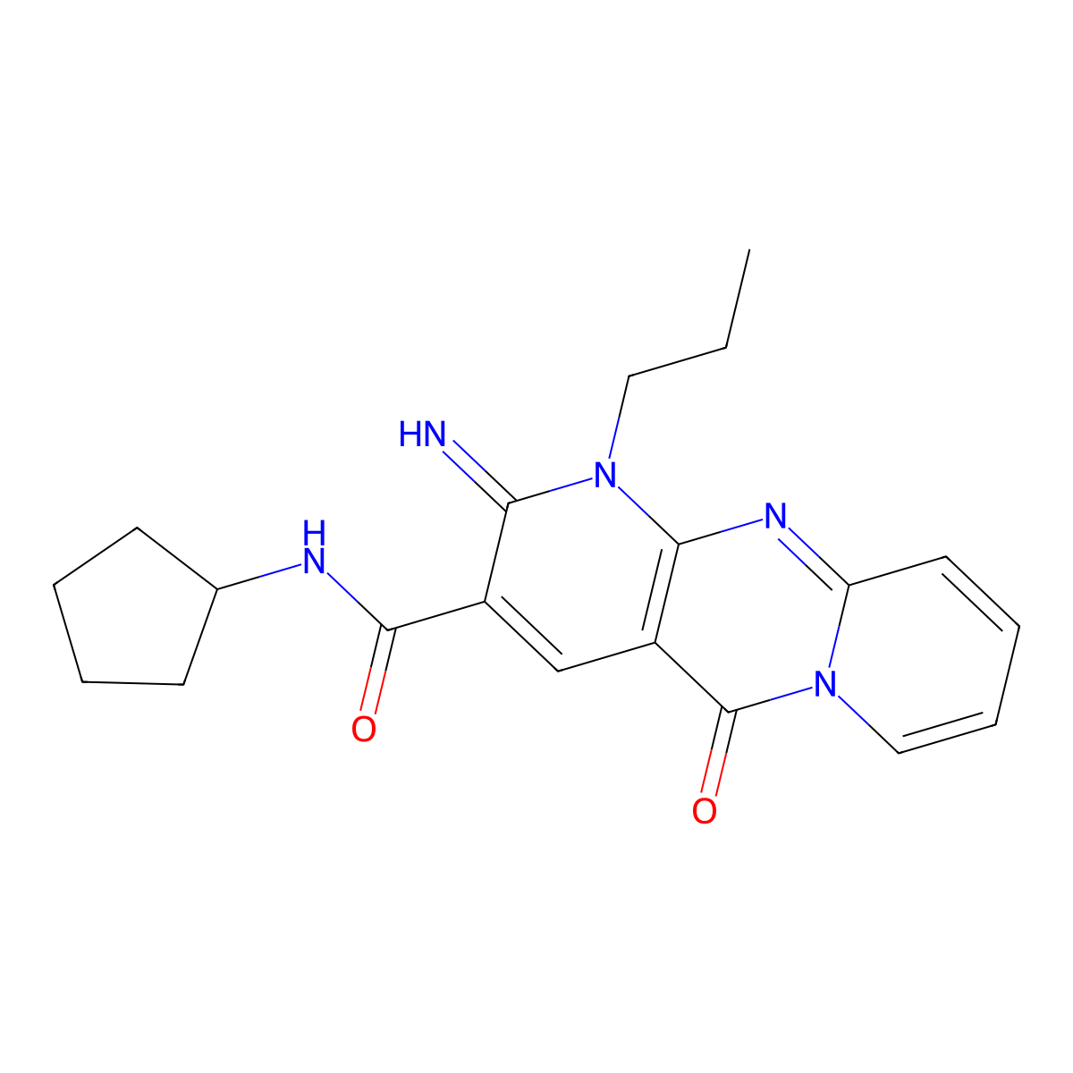 N-Cyclopentyl-2-imino-5-oxo-1-propyl-1,5-dihydro-2H-dipyrido[1,2-A:2,3-D]pyrimidine-3-carboxamide molecular structure, CAS 510762-23-9