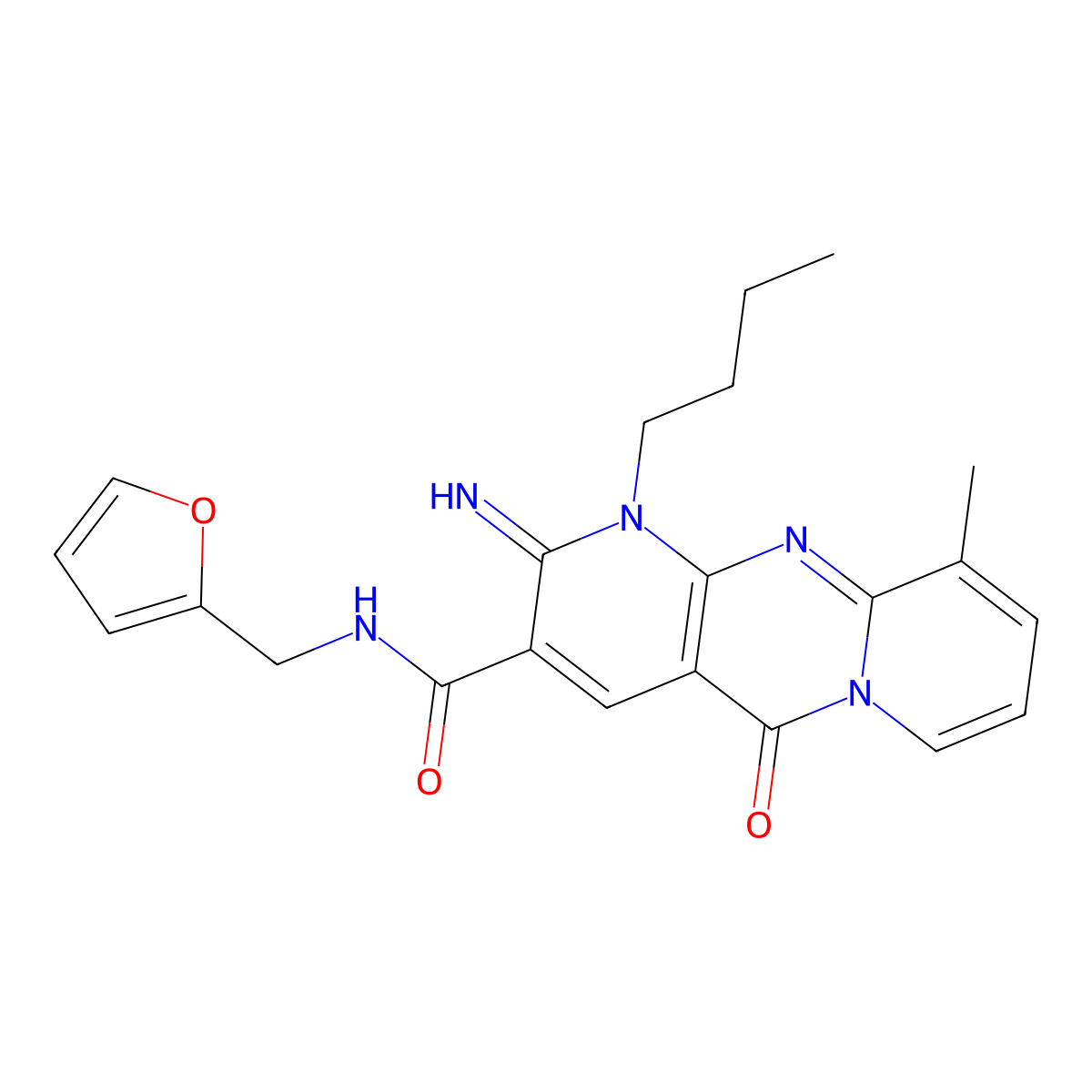1-Butyl-N-(2-furylmethyl)-2-imino-10-methyl-5-oxo-1,5-dihydro-2H-dipyrido(1,2-A:2,3-D)pyrimidine-3-carboxamide molecular structure, CAS 510762-24-0