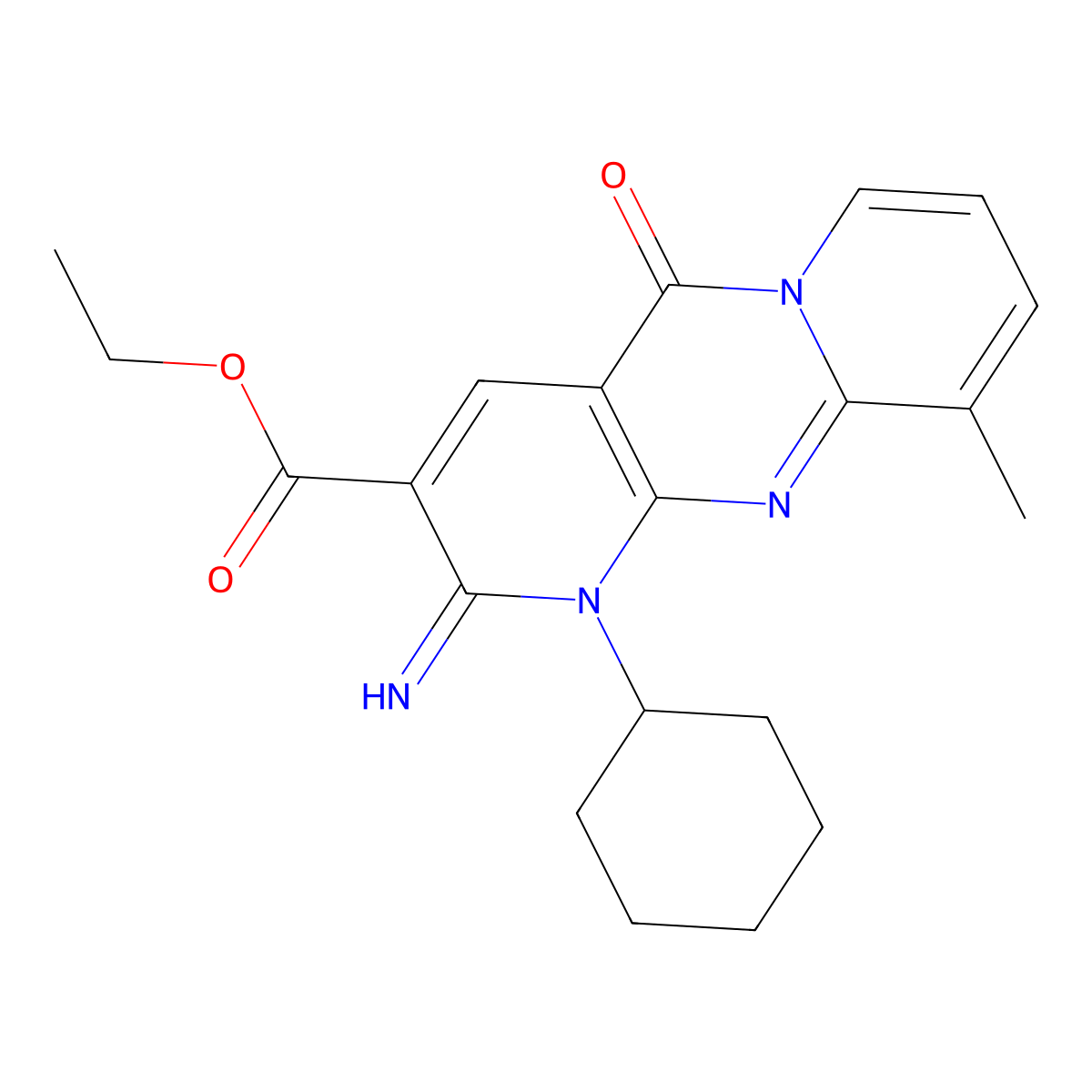 Ethyl 1-cyclohexyl-2-imino-10-methyl-5-oxo-1,5-dihydro-2H-dipyrido[1,2-A:2,3-D]pyrimidine-3-carboxylate molecular structure, CAS 510762-26-2