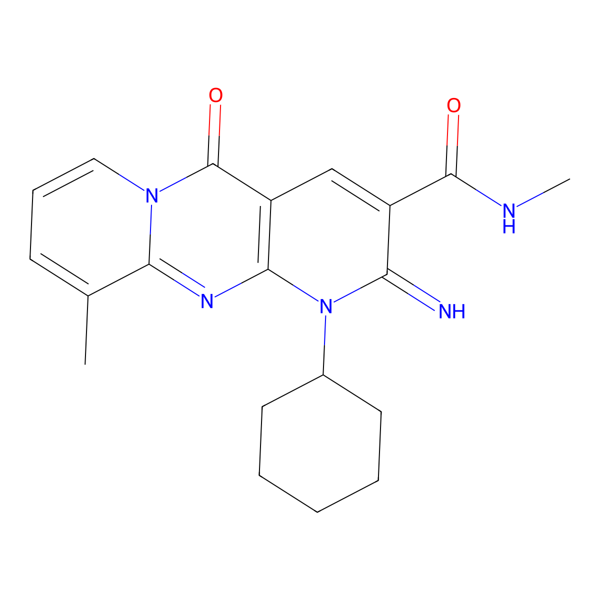 1-Cyclohexyl-2-imino-N,10-dimethyl-5-oxo-1,5-dihydro-2H-dipyrido(1,2-A:2,3-D)pyrimidine-3-carboxamide molecular structure, CAS 510762-27-3