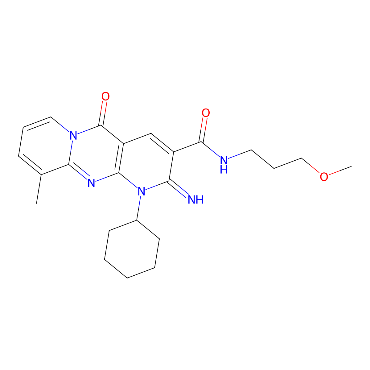 1-Cyclohexyl-2-imino-N-(3-methoxypropyl)-10-methyl-5-oxo-1,5-dihydro-2H-dipyrido[1,2-A:2,3-D]pyrimidine-3-carboxamide molecular structure, CAS 510762-29-5