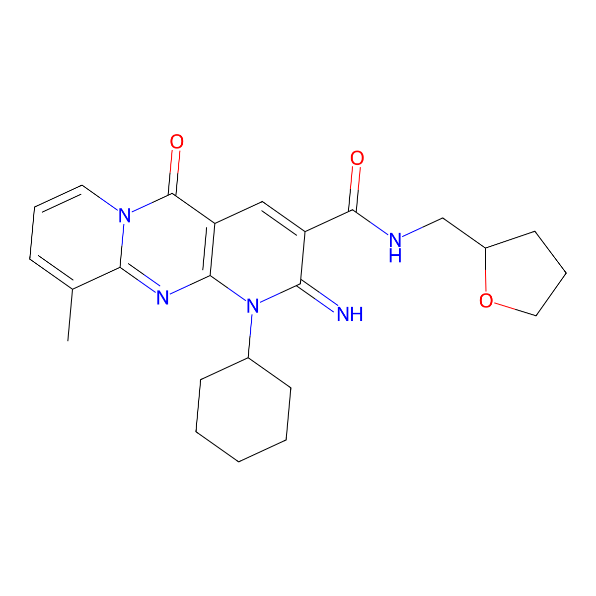 1-Cyclohexyl-2-imino-10-methyl-5-oxo-N-(tetrahydro-2-furanylmethyl)-1,5-dihydro-2H-dipyrido[1,2-A:2,3-D]pyrimidine-3-carboxamide molecular structure, CAS 510762-31-9