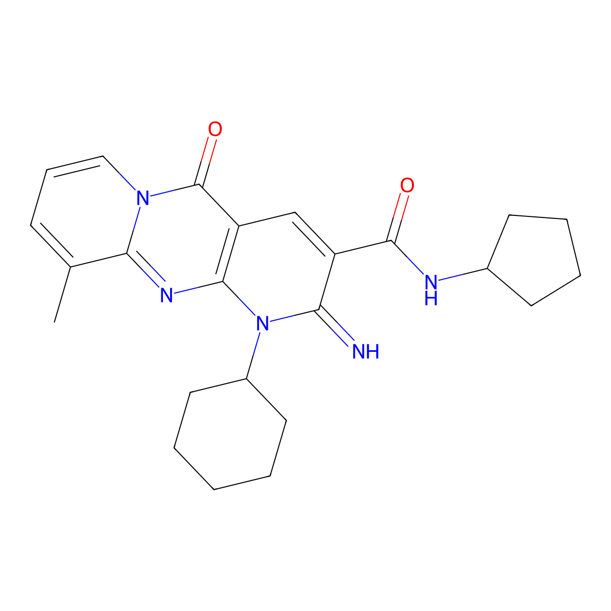 1-Cyclohexyl-N-cyclopentyl-2-imino-10-methyl-5-oxo-1,5-dihydro-2H-dipyrido(1,2-A:2,3-D)pyrimidine-3-carboxamide molecular structure, CAS 510762-32-0