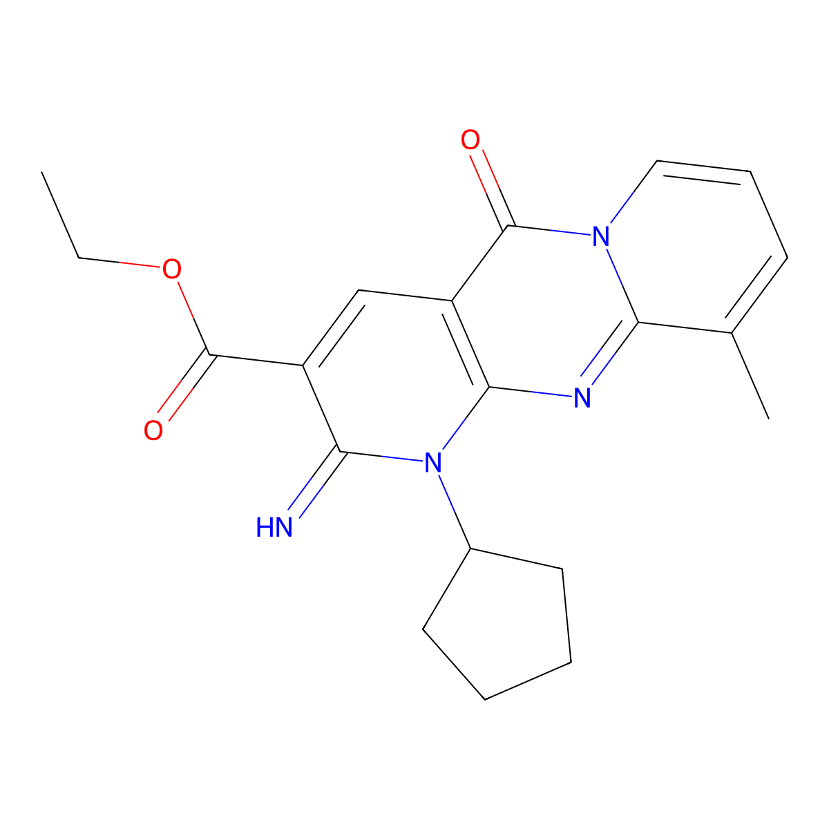 ethyl 1-cyclopentyl-2-imino-10-methyl-5-oxo-1,5-dihydro-2H-dipyrido[1,2-a:2,3-d]pyrimidine-3-carboxylate molecular structure, CAS 510762-34-2