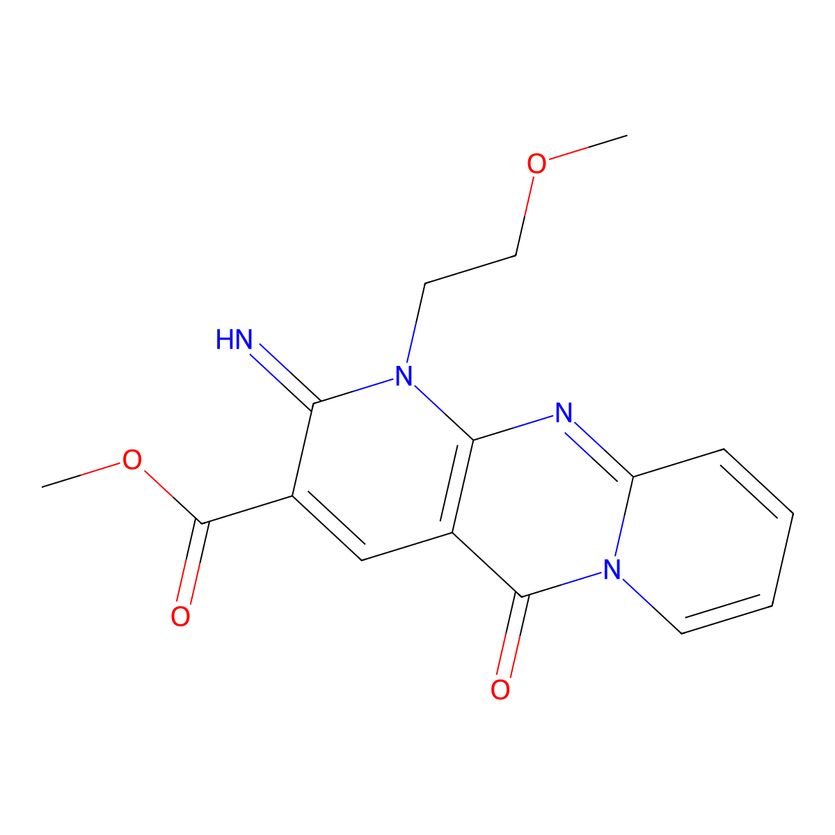 Methyl 2-imino-1-(2-methoxyethyl)-5-oxo-1,5-dihydro-2H-dipyrido(1,2-A:2,3-D)pyrimidine-3-carboxylate molecular structure, CAS 510762-35-3