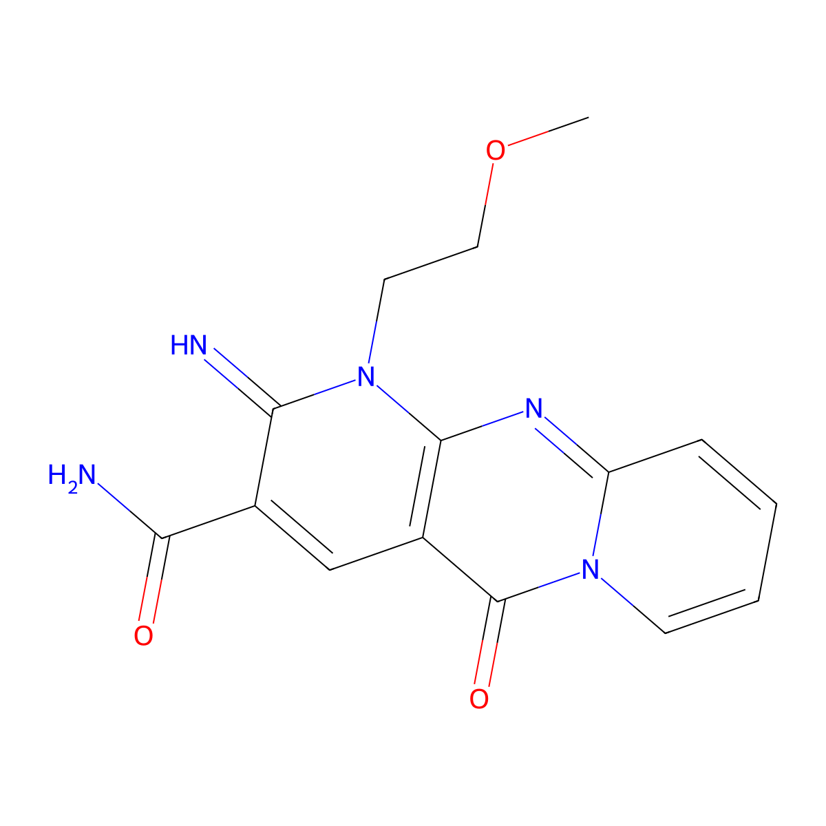 2-Imino-1-(2-methoxyethyl)-5-oxo-1,5-dihydro-2H-dipyrido(1,2-A:2,3-D)pyrimidine-3-carboxamide molecular structure, CAS 510762-36-4