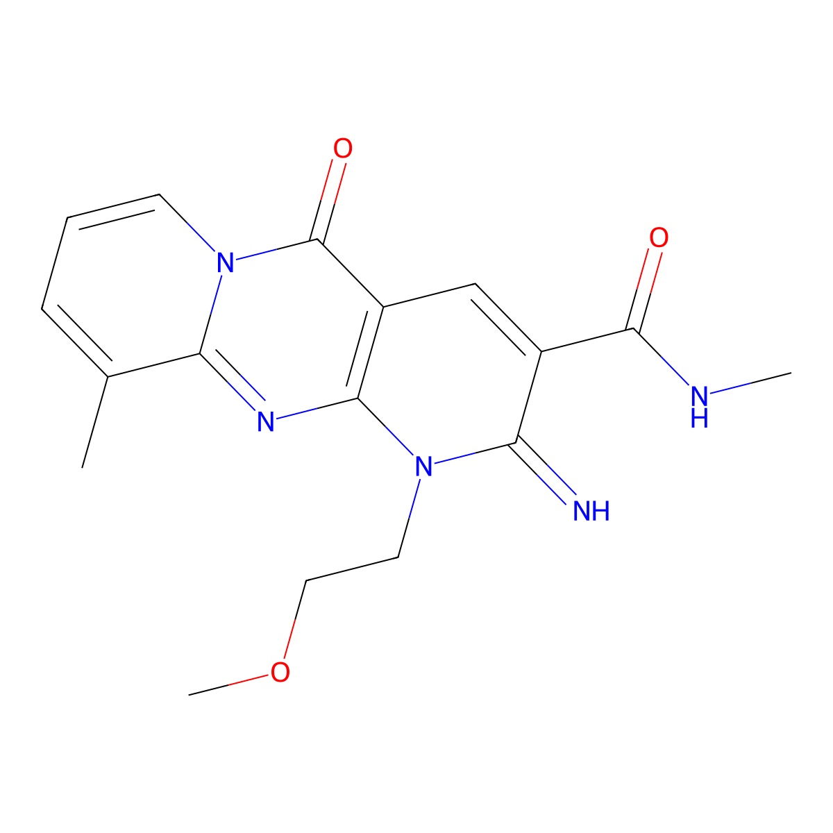 2-Imino-1-(2-methoxyethyl)-N,10-dimethyl-5-oxo-1,5-dihydro-2H-dipyrido(1,2-A:2,3-D)pyrimidine-3-carboxamide molecular structure, CAS 510762-38-6