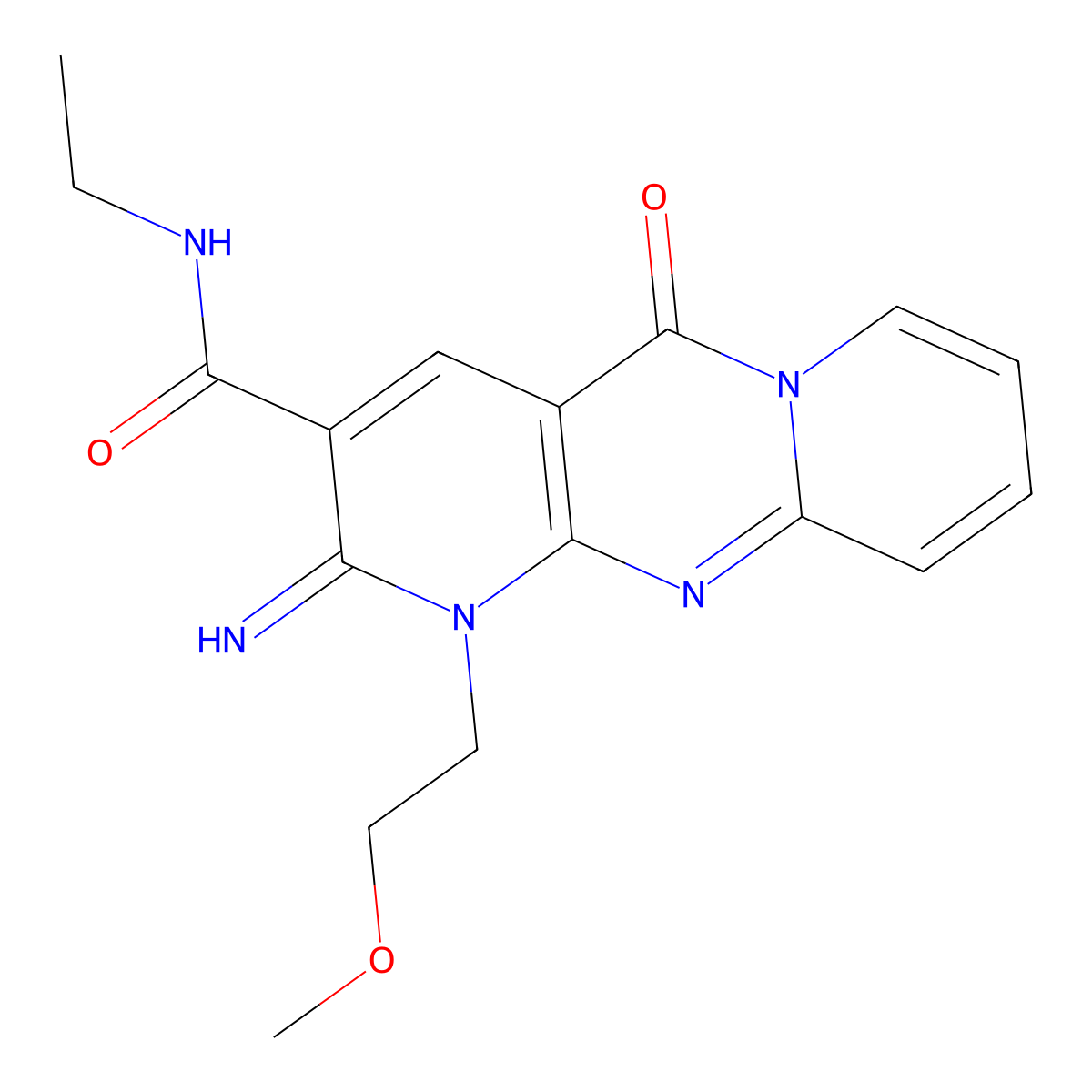 N-ethyl-2-imino-1-(2-methoxyethyl)-5-oxo-1,5-dihydro-2H-dipyrido[1,2-a:2',3'-d]pyrimidine-3-carboxamide molecular structure, CAS 510762-39-7