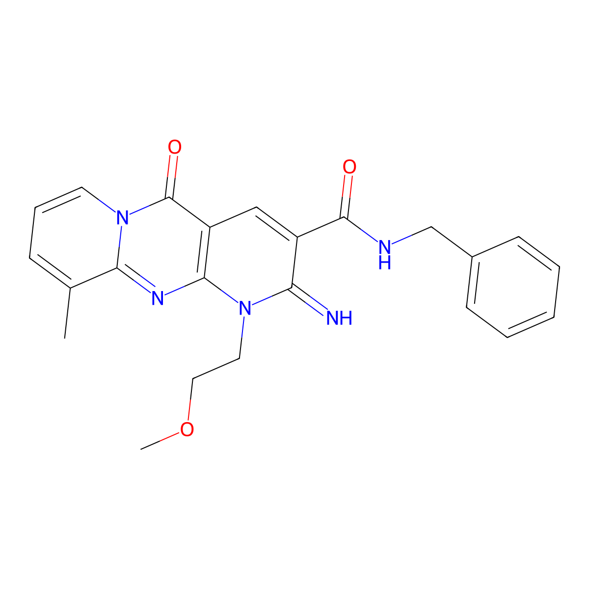 N-Benzyl-2-imino-1-(2-methoxyethyl)-10-methyl-5-oxo-1,5-dihydro-2H-dipyrido(1,2-A:2,3-D)pyrimidine-3-carboxamide molecular structure, CAS 510762-43-3